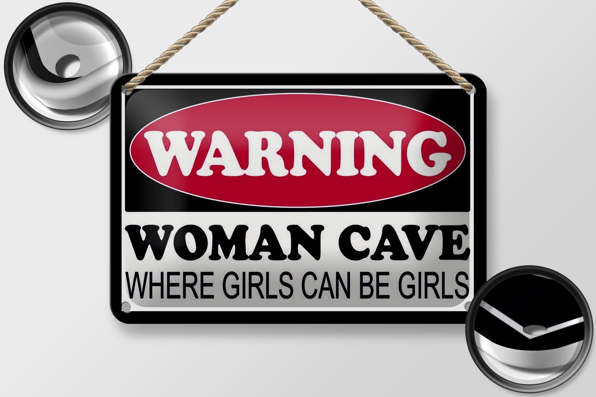 Femer GmbH Metallschild Hinweis 18x12cm Warning Woman Cave where girls, (1 St), gewölbte Oberfläche, abgerundete Ecken, umgeschlagene Kanten
