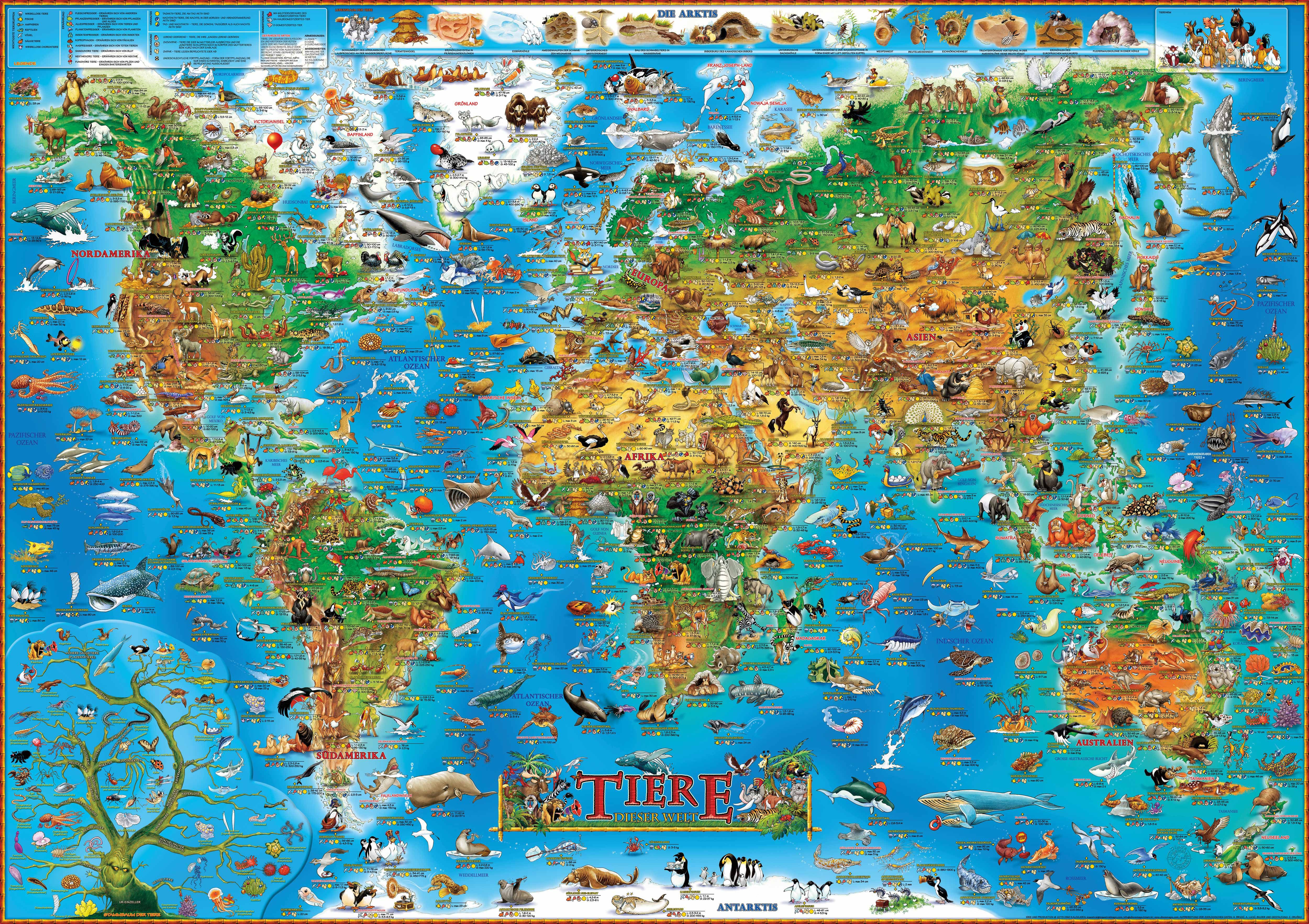 Interkart Landkarten & Globen GmbH Poster Kinder Weltkarte mit Tieren - Deutsch - Beschichtet- XXL