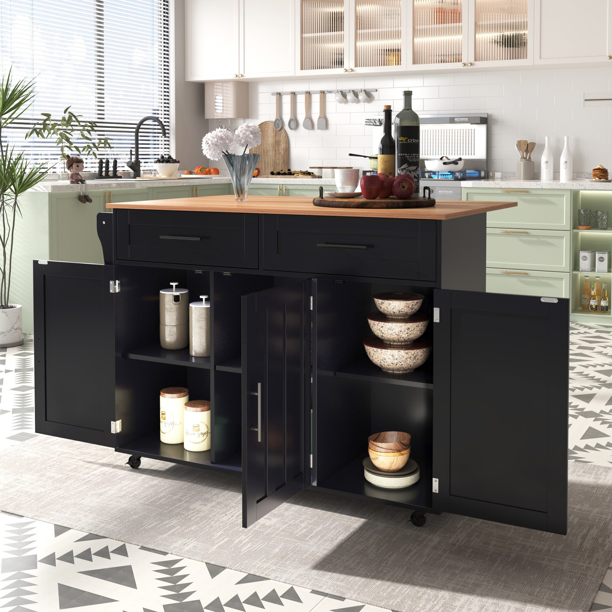 STILVORA Sideboard Esswagen Kücheninsel mit Klapptischplatte,Schubladen,Ablagetür&Rollen (Küchenwagen mit Rollen & Klapptisch, höhenverstellbare Regale, Besteckschubladen., 1 St., 5 Räder, 3 Tür), mit Ausziehbare Arbeitsplatte,Massivholzbeine umschaltbar