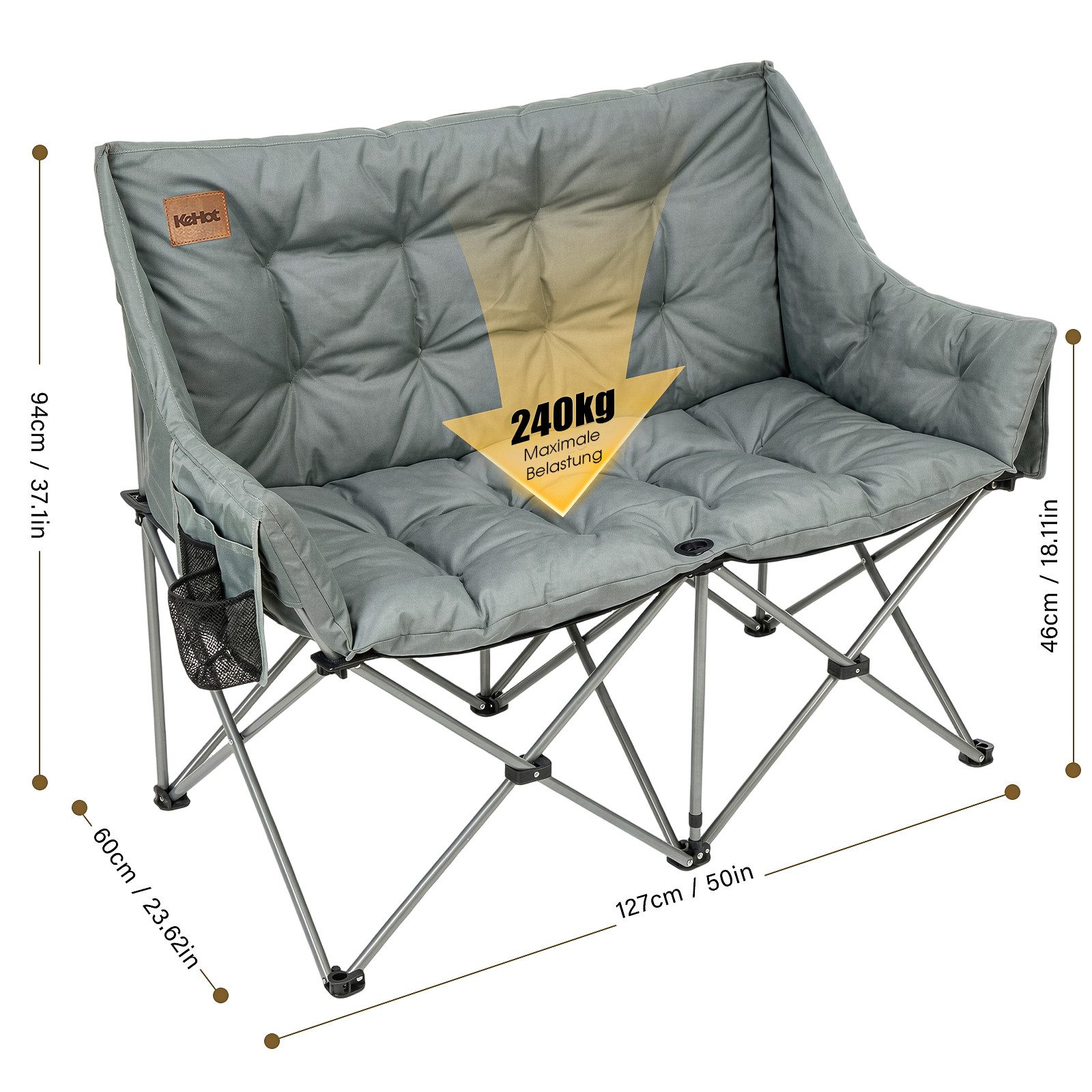 kehot Campingstuhl Faltbarer 2-Sitzer Campingstuhl mit 6 cm Polsterung, 127×94×60 cm (Doppelsitz Outdoor Sofa bis 240kg belastbar, Campingklappstuhl), Klappstuhl mit Oxford-Gewebe,Tragetasche, für Camping Garten Balkon