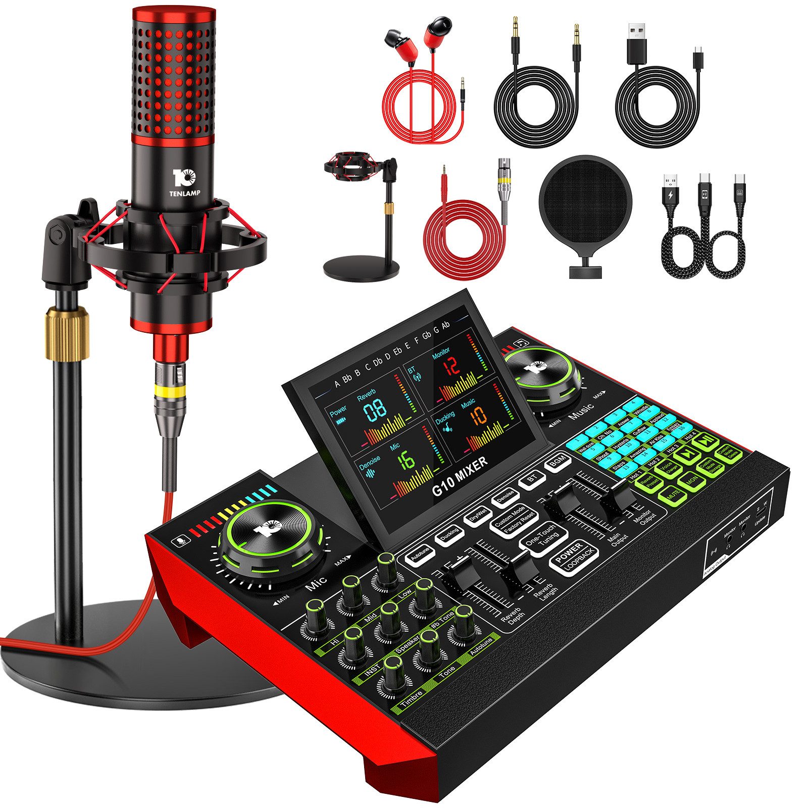 home trends Tenlamp G10 Zehn Lampen Podcast- & Streaming-Set mit Mixer Soundkarte 7.1 Surround, USB-Plug-and-Play, Display, Stimmwechsel, Aufnahme, Hall