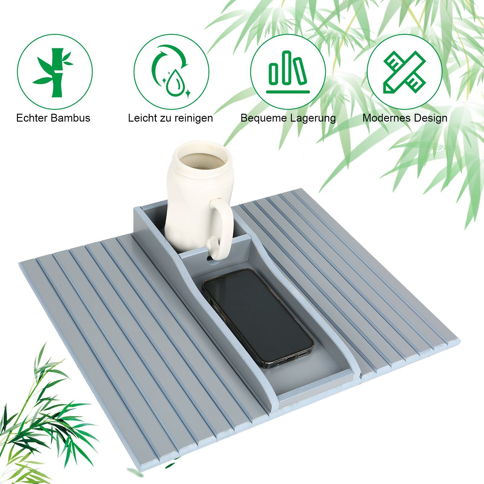 Tablett Sofa-Armlehnenkissen Bambus Material TWSOUL aus Umweltfreundliches 34*42cm, aus Bambus mit Getränkehalter, Hellgrau