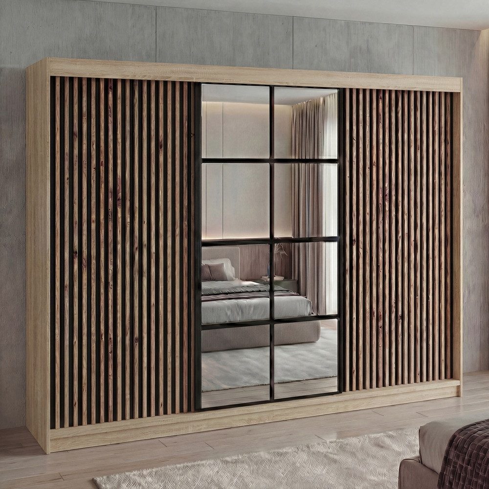 A&J MöbelLand GmbH Schiebetürenschrank NORIVO 200 cm mit 3D-Lamellen und Spiegelfront (TOP ANGEBOT! Geräumiger Schrank mit einer Breite von 200 cm ideal zur Aufbewahrung von Kleidung und Accessoires. Wählen Sie das ideale Modell für Ihr Schlafzimmer!, TOP PRODUKT)