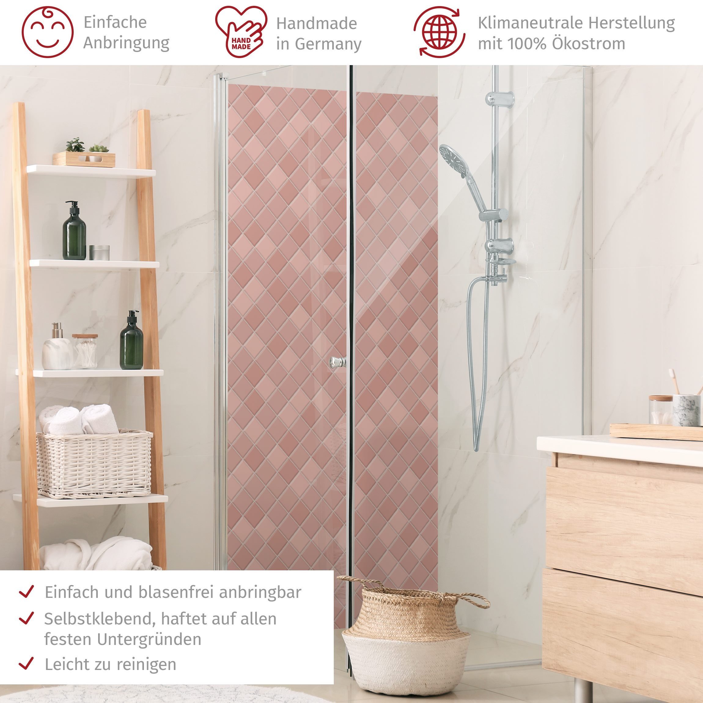 Thumbnail - Bilderdepot24 Badrückwand Fliesenoptik rosa Duschrückwand ohne Bohren Dusche, (1-tlg., Hart-Folie Premium matt 0,61 mm),...