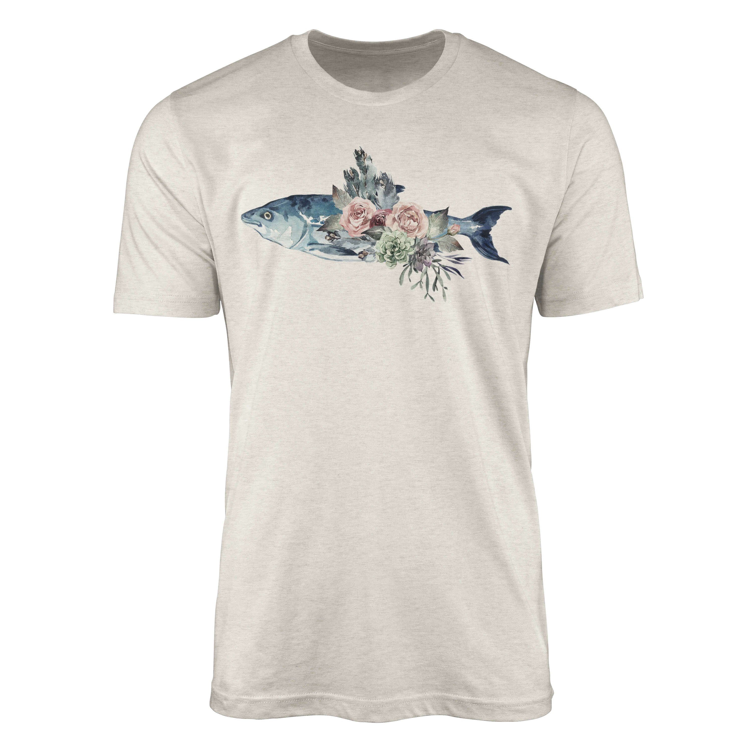 Sinus Art T-Shirt Ökomode Fisch Shirt Herren gekämmte Motiv Wasserfarben T-Shirt (1-tlg) Blumen Nachhaltig 100% Bio-Baumwolle