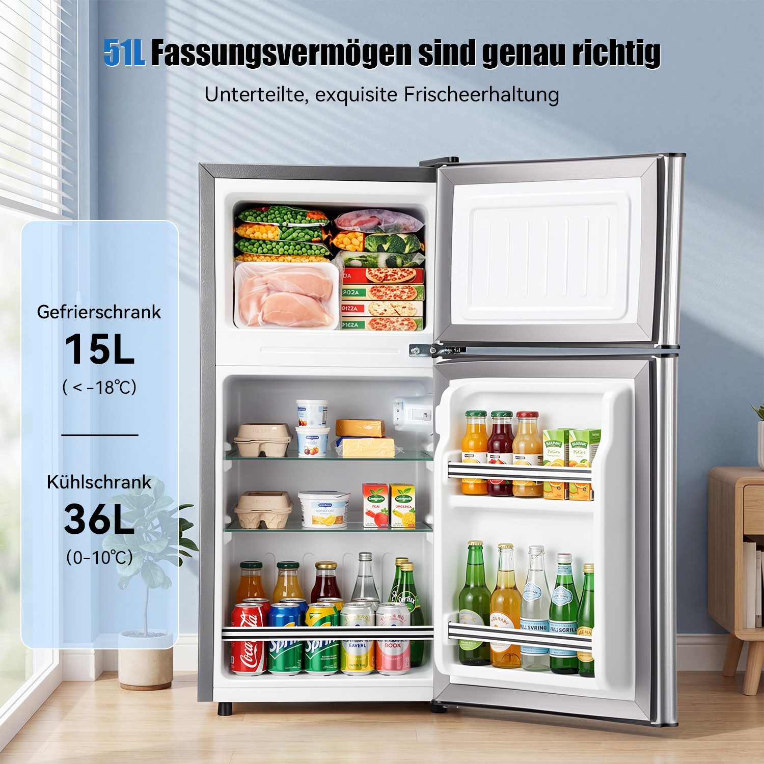 oyajia Kühl-/Gefrierkombination 51L Kühlschrank mit Gefrierfach - Kompakter Zweitürer mit LED-Beleuchtung, 7-Stufigem Thermostat BCD-51K, Extrem Leise und Energieeffizient, ideal für Wohnheimzimmer& Büro
