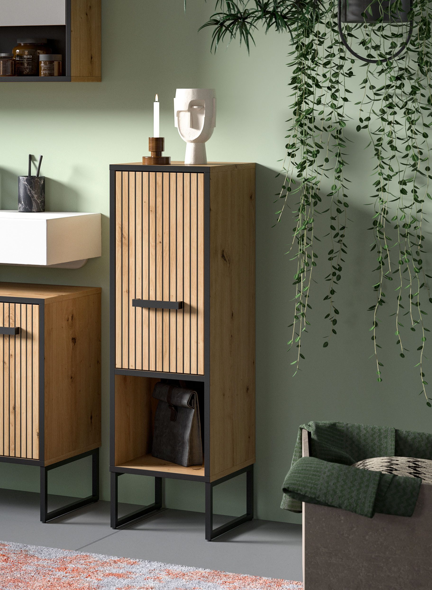 welltime Unterschrank LOCRI, Höhe 101 cm, 1 Tür, 1 offenes Fach, 1 Einlegeboden (1-St., industrial Look mit Rillenoptik & Metall Kufen) Badmöbel, Badschrank, Badkommode, Kommode, Schrank, Bad, Badezimmer