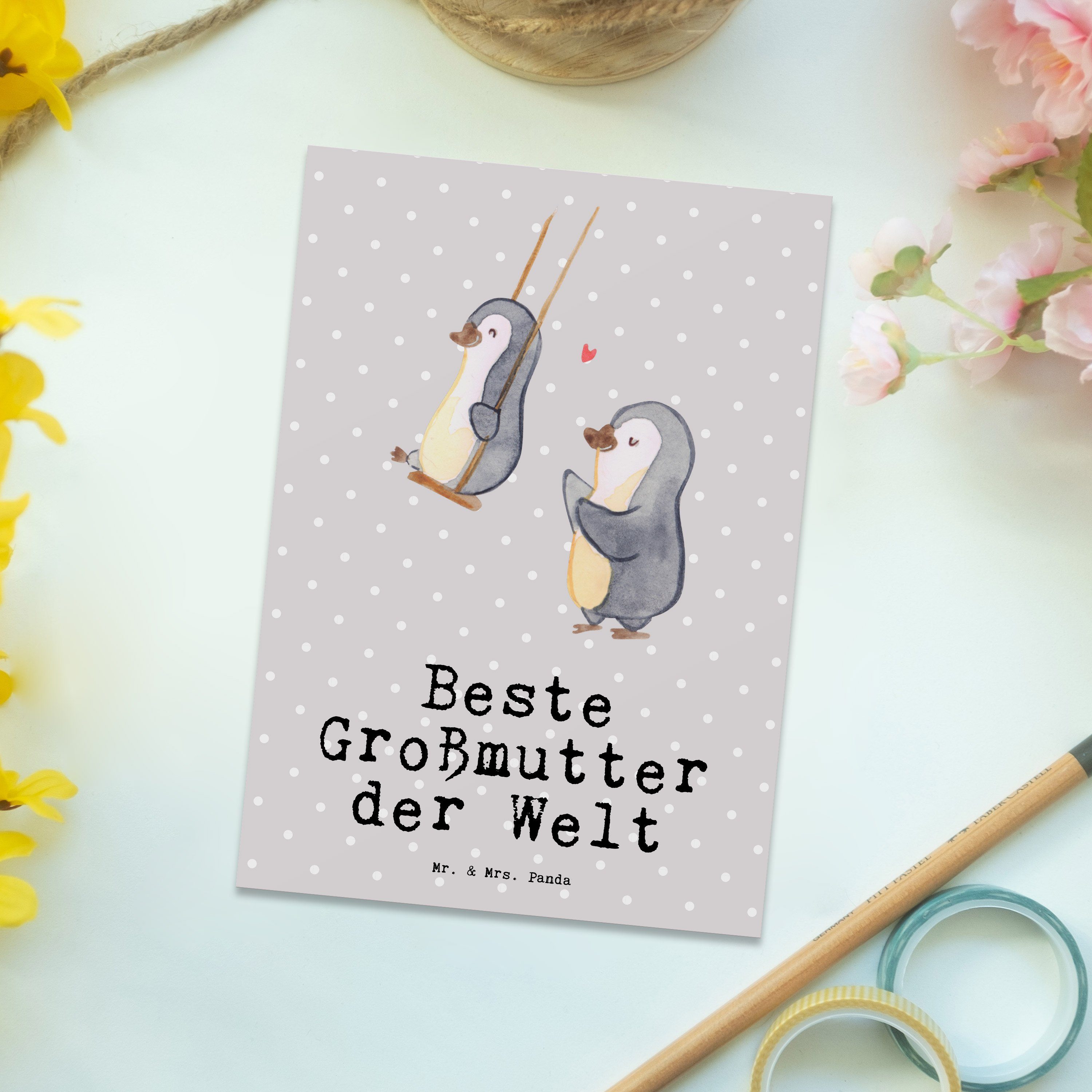 & Mrs. Postkarte Mr. Panda Omi, - Pinguin Grau - Großmutter Gro Beste Pastell der Welt Geschenk,