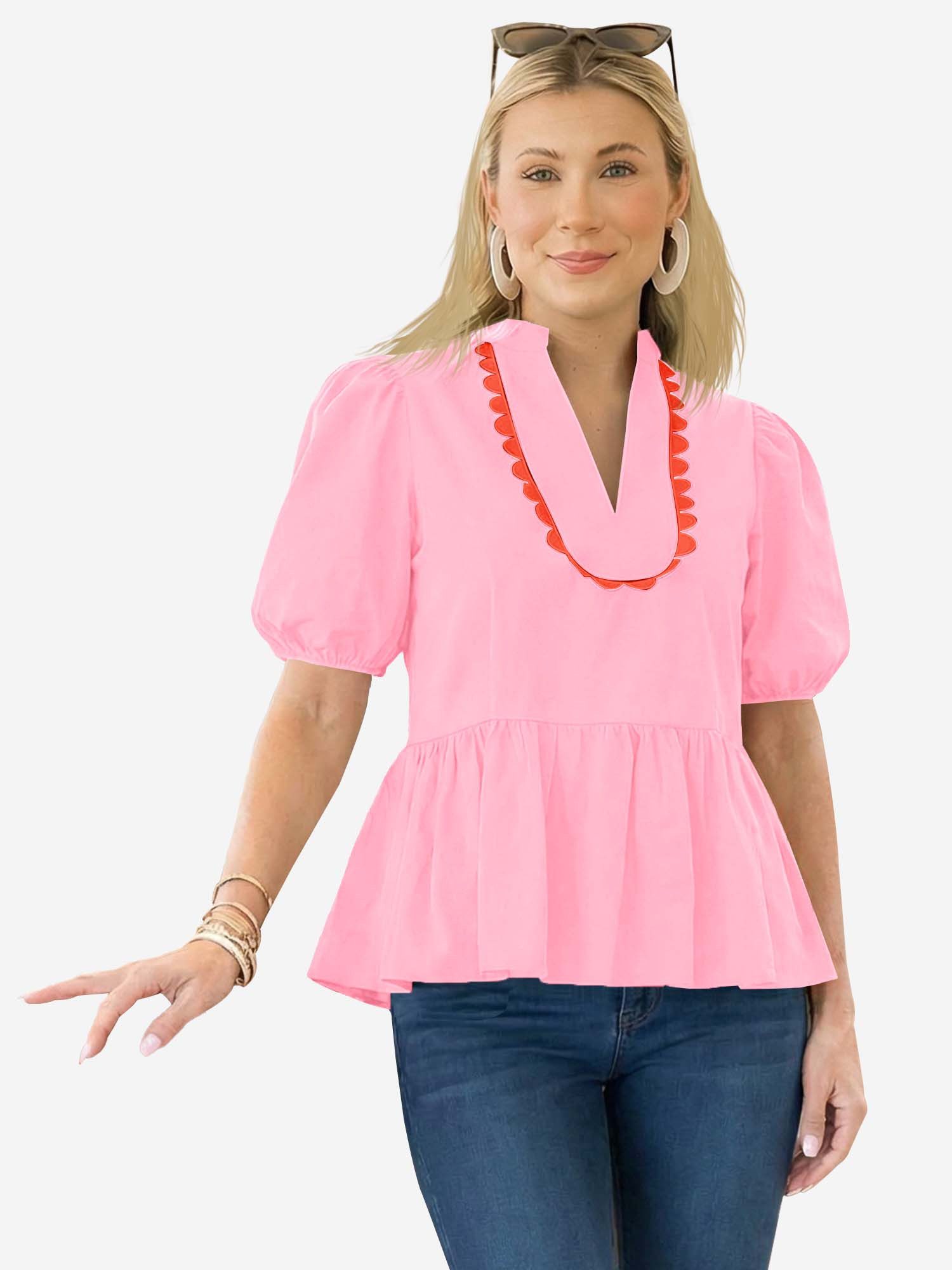 Imily Bela Blusenshirt Damen mit Puffärmeln V-Ausschnitt Rüschen Babydoll Loose (Packung, 1-tlg., 1per-Pack) aus Baumwolle