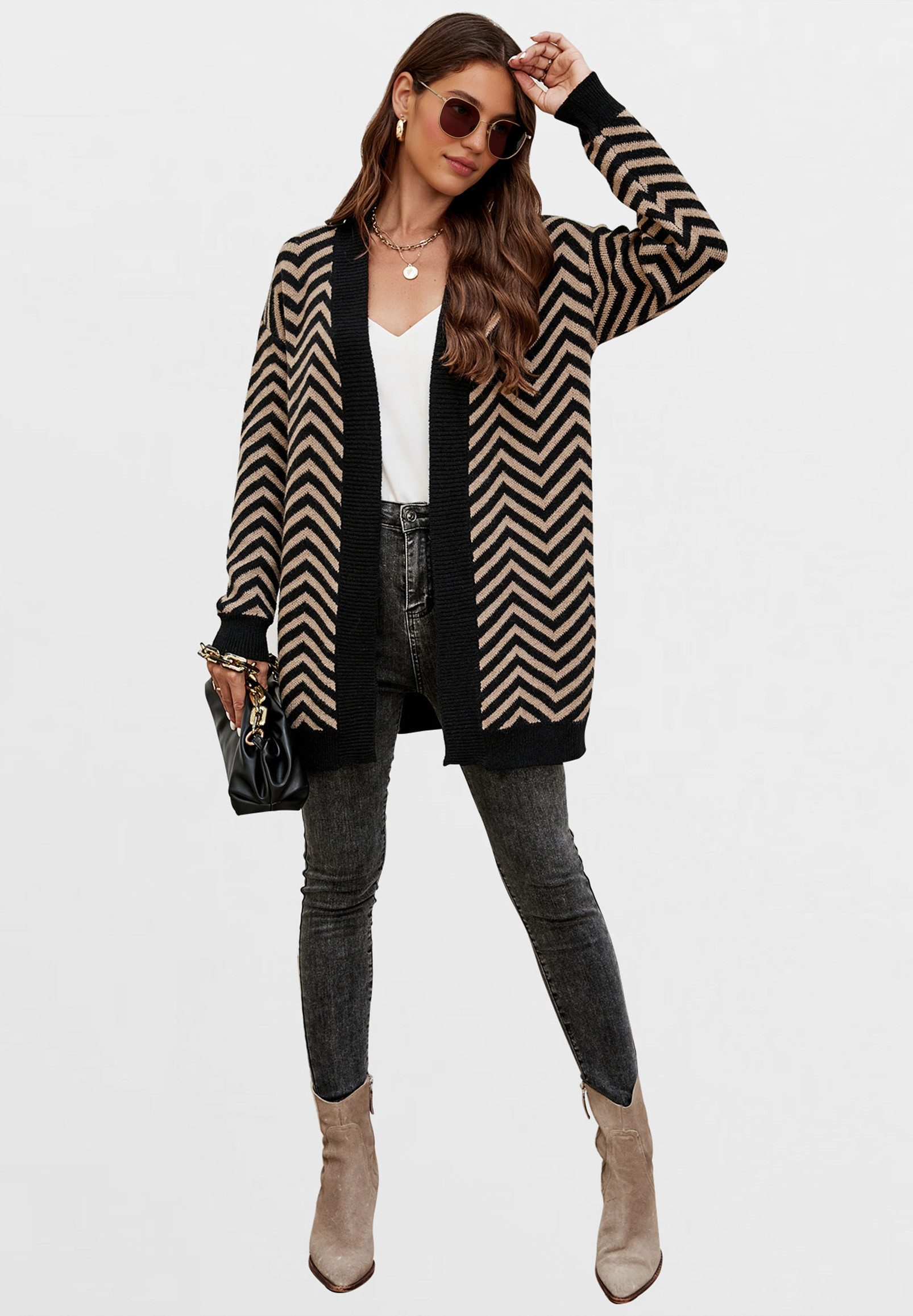 FS Collection Longstrickjacke Damen Longstrickjacke – Weicher, gemütlicher Cardigan mit Relax-Fit (Einheitsgröße: UK 8–16 / EU 36–44, 2 Farbe: Beige-Schwarz und Grau-Schwarz) 42 % Acryl, 28 % Nylon, 30 % Polyester