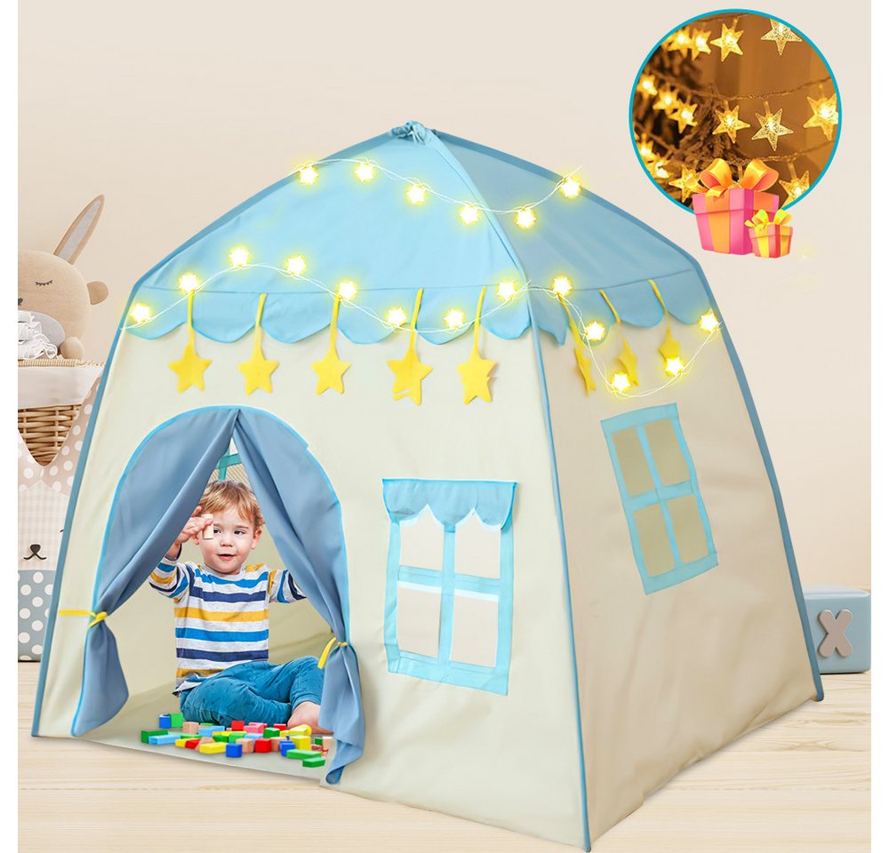 MOPUEA Spielzelt Spielzelt Kinderzelt mit Stern Lichterkette Innen und Außenzelte blau (1-tlg., 125×105×135 cm) ideal für Spielzimmer, Schlafzimmer oder Wohnzimmer.