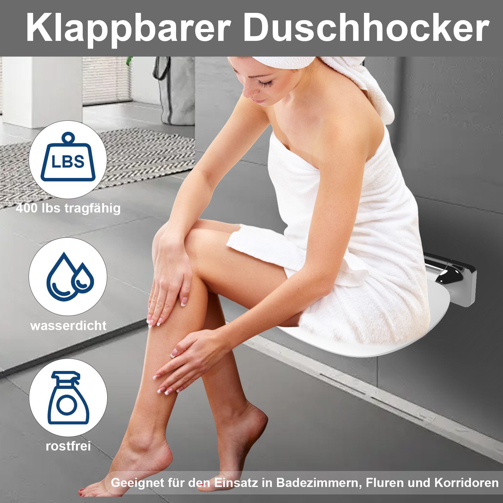 HEUFFE Duschklappsitz Klappbar Wandmontage mit großer Sitzfläche, belastbar bis 180 kg, Ergonomischer Anti-Rutsch Bade-Hocker für Senioren & Behinderte