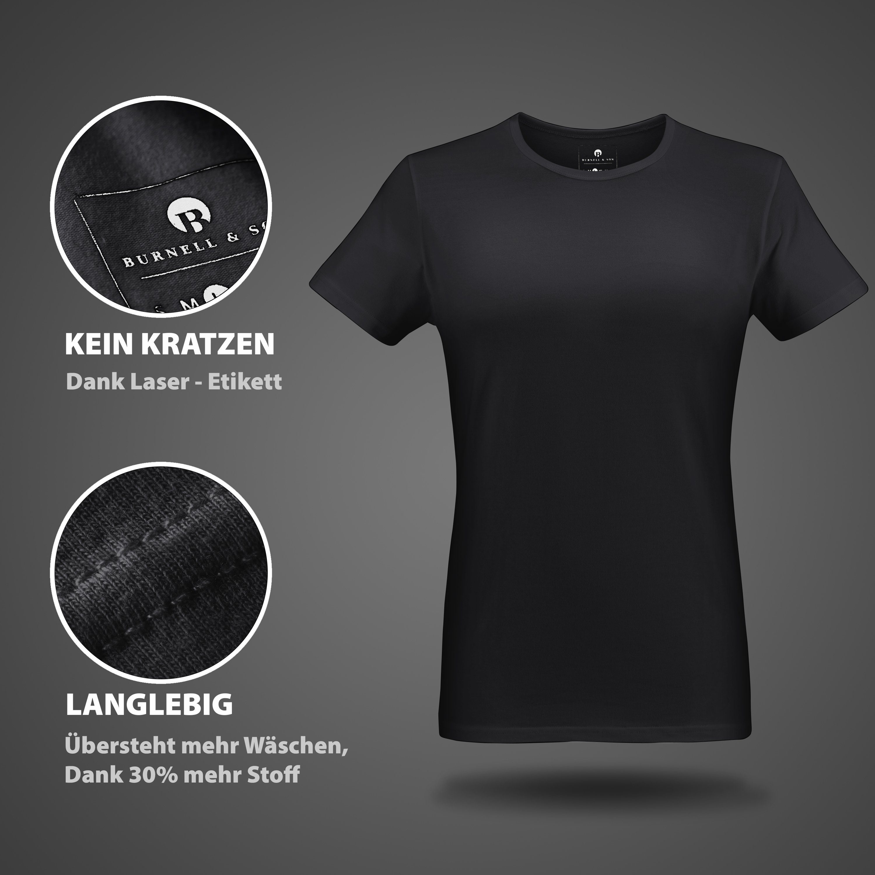 Baumwolle Son Rundhals Kurzarm (Packung, Feinripp für & aus Herren 3-St., Unterziehshirt 3er-Pack) Burnell und Unterhemd mit T-Shirt Schwarz