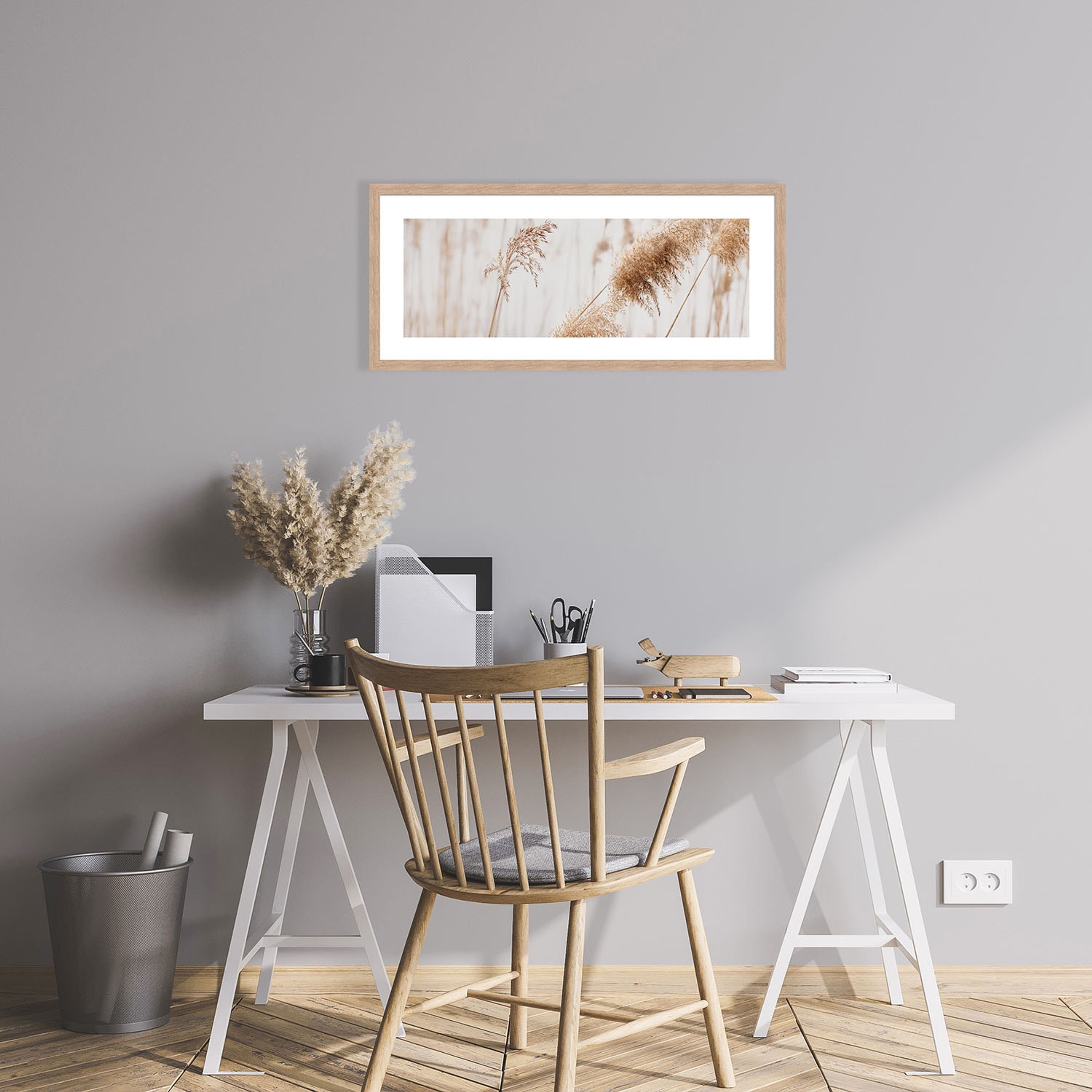 artissimo Bild mit Rahmen Gerahmtes Poster 70x30 cm / Wandbild modern / Wanddeko lang schmal, Natur und Gräser: Pampasgras in Beige Weiß – Bild 3 von 4