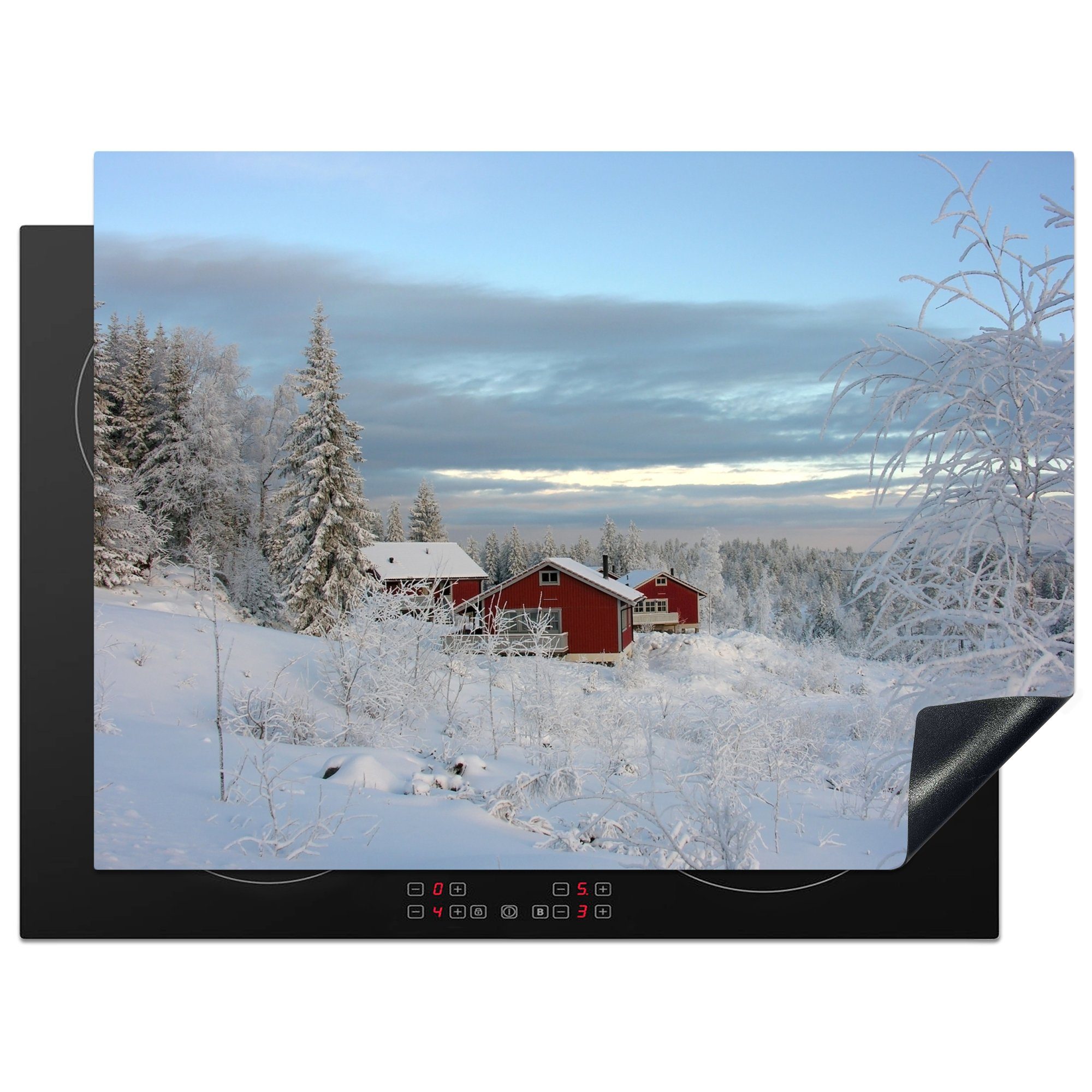 MuchoWow Herdblende-/Abdeckplatte Eine Hütte im Schnee in Schweden, Vinyl, (1 tlg), 70x52 cm, Mobile Arbeitsfläche nutzbar, Ceranfeldabdeckung