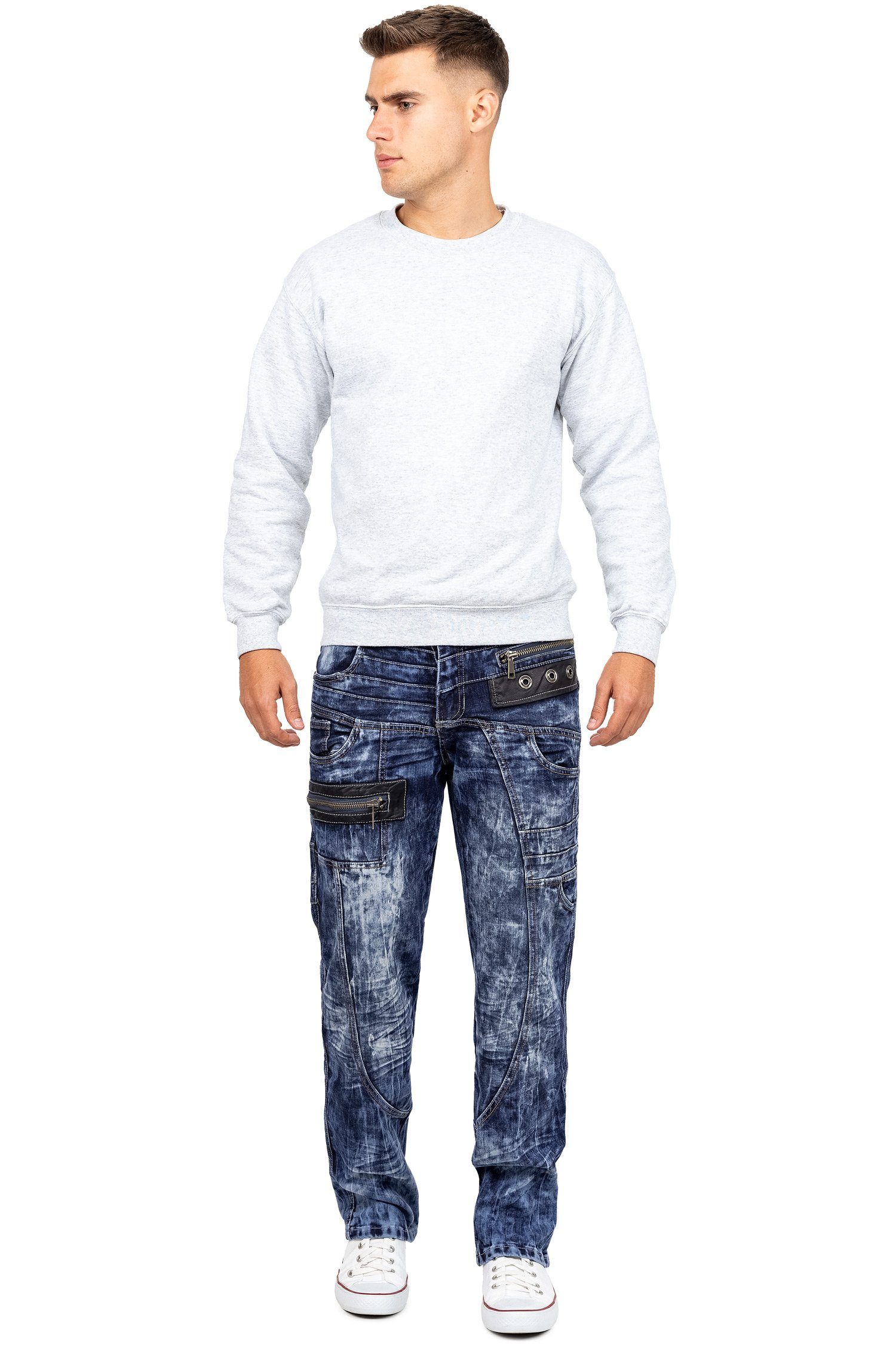 Kosmo Lupo 5-Pocket-Jeans Herren Regular Fit Hose Stonewashed KM012 (1-tlg) Kontrastnähte in Orange/Weiß und Ziernähte