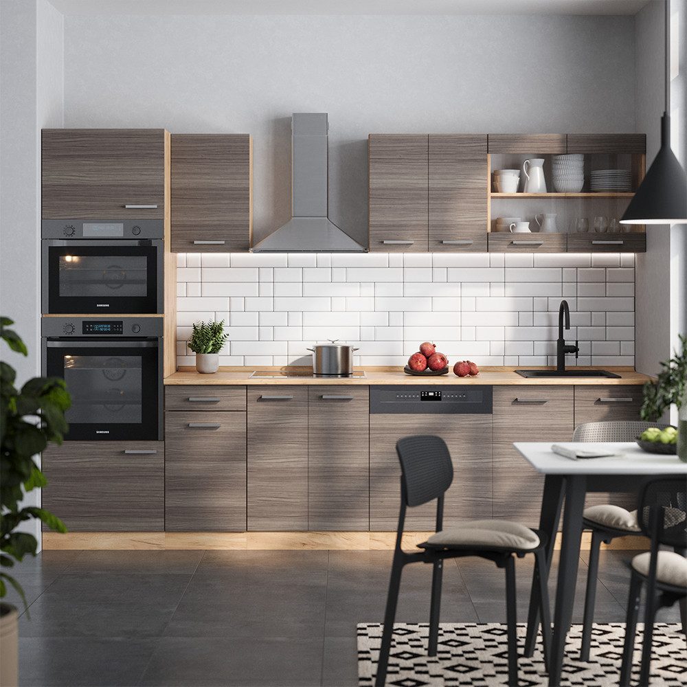 Vicco Küchenzeile R-Line, Edelgrau/Goldkraft Eiche, 300 cm mit Hochschrank, ohne Arbe...