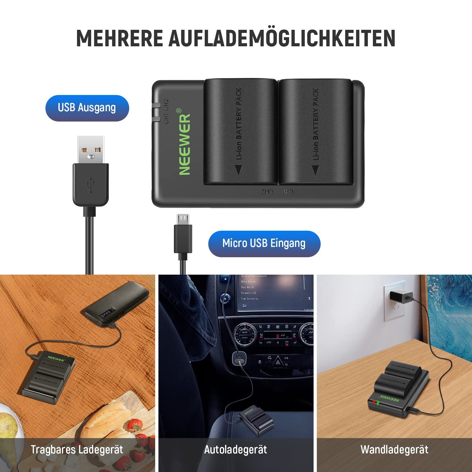 Neewer LP-E6NH Akku+Ladegerät, 2er-Set, kompatibel mit Canon EOS Kamera-Akku D 2250 mAh