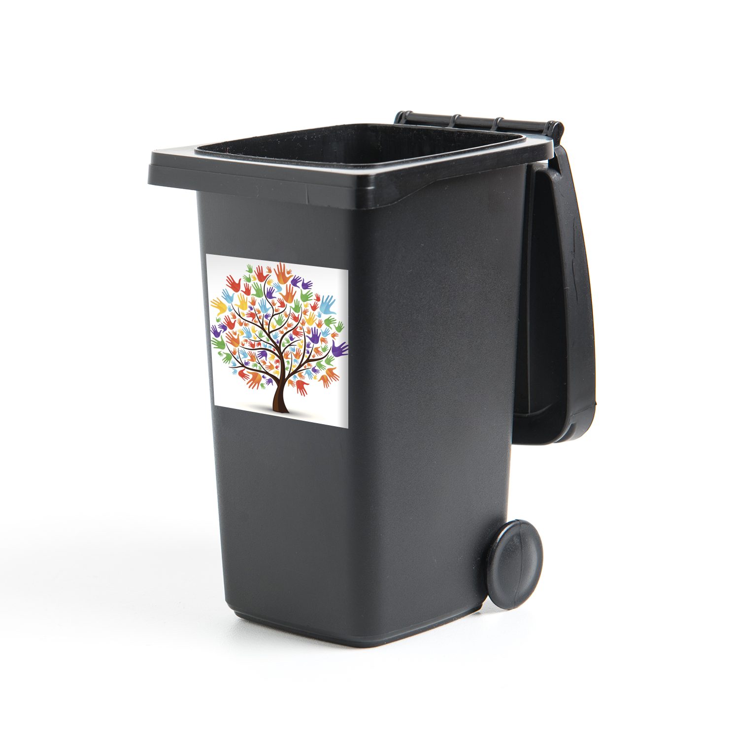 Wandsticker Mülltonne, von Sticker, Baum MuchoWow Händen Container, St), Abfalbehälter (1 Vektor-Illustration Eine mit bunten einem Mülleimer-aufkleber,