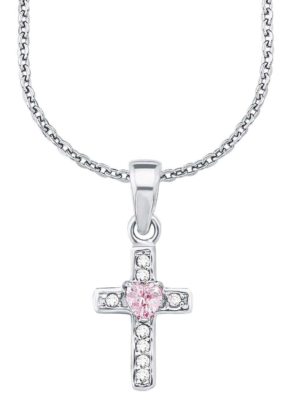 Amor Kette mit Anhänger rosa Herz, Kreuz, mit Zirkonia (synth)