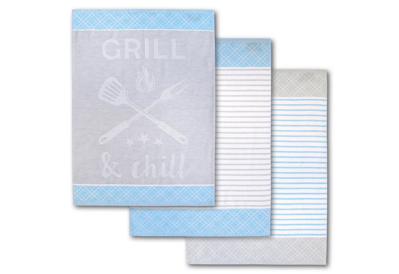 Dyckhoff Geschirrtuch Grill & Chill, mit 3 verschiedenen Motiven, Maße je Tuch ca. 50x70 cm, (Set, 3-tlg), aus 100% Baumwolle, mit Grillbesteck-Motiv und Schriftzug