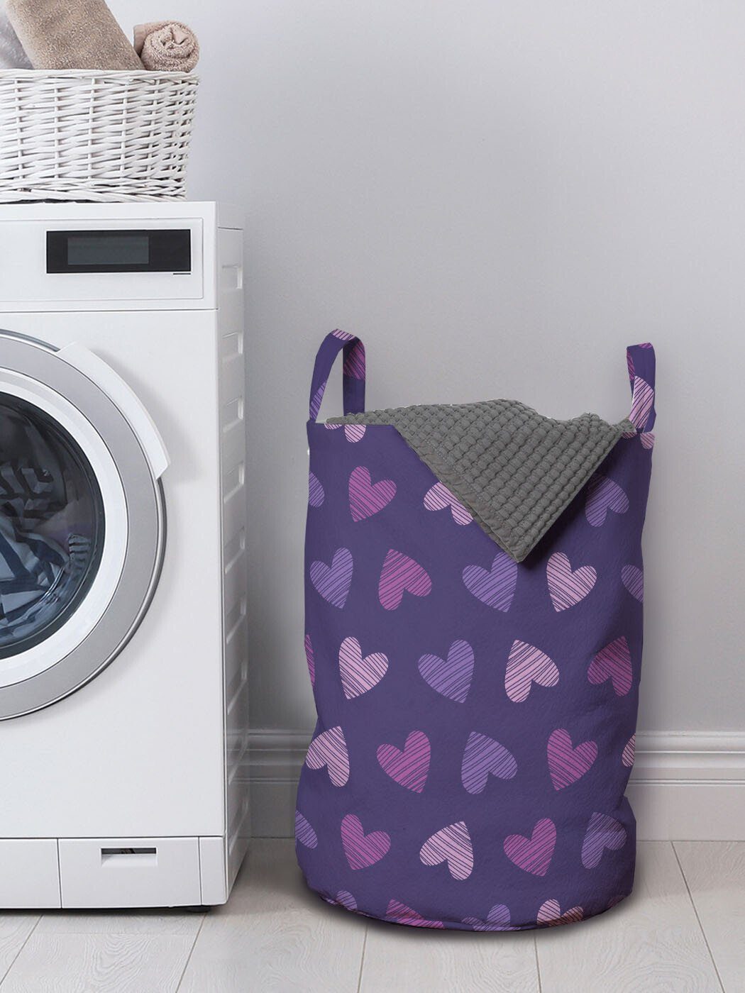 Abakuhaus Wäschesäckchen Wäschekorb mit Griffen für Romantische Waschsalons, Valentine Herzen Kordelzugverschluss gestreiften