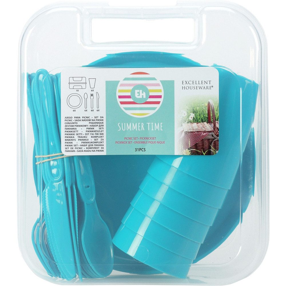 Koopmann Aufblasbares Partyzubehör Picknick-Geschirrset - 31 Teile - verschiedene Farben - 1 Set