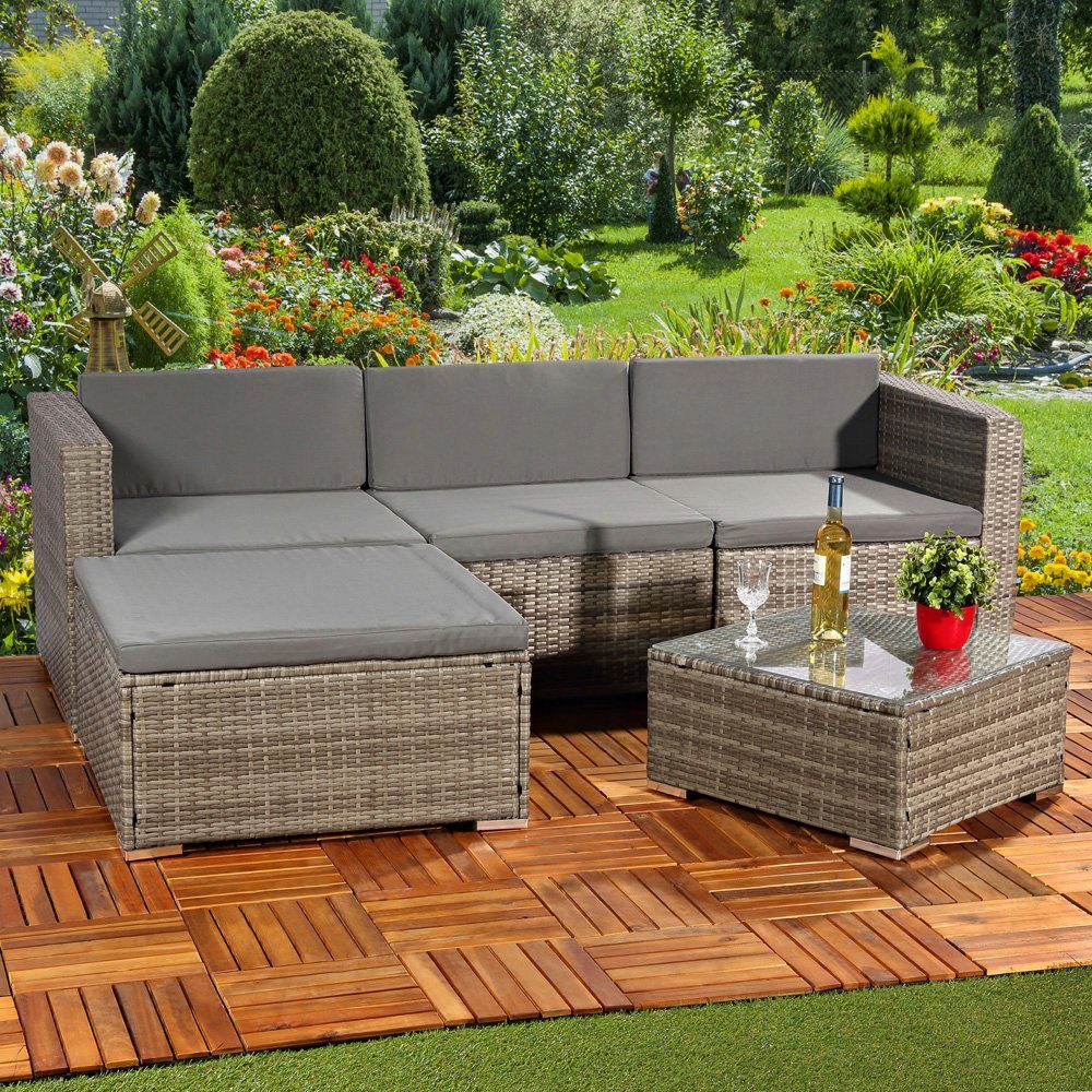 Feel2Home Garten-Essgruppe Gartenmöbel 5tlg Sitzgruppe Sofa Polyrattan Essgarnitur versch. Farben, (Set, Möbelset), Schraub-Ausgleich-Standfüße