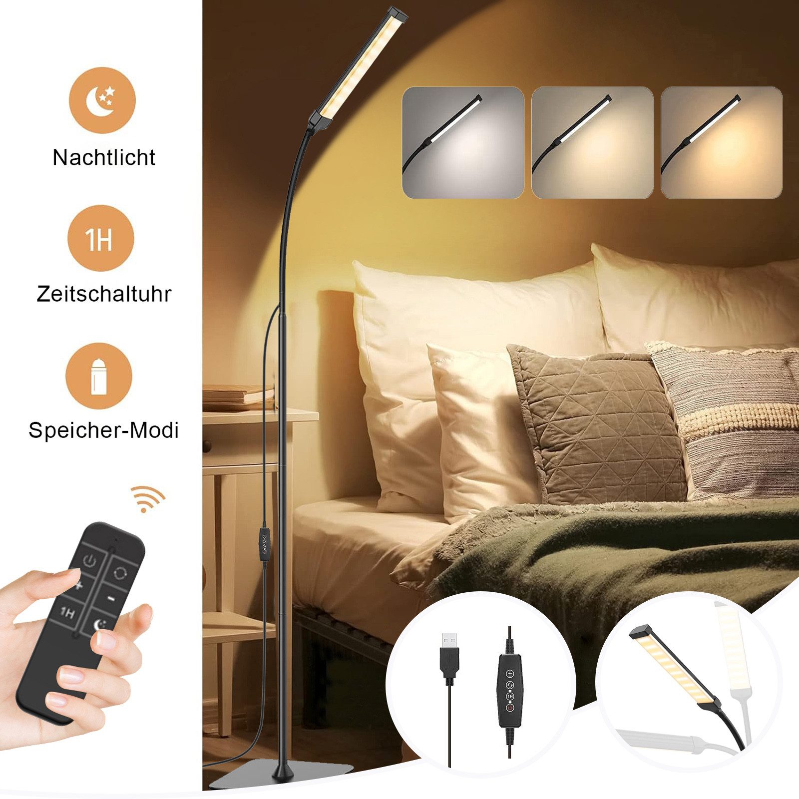 USB-Stehleuchte LED Standleuchte USB Höhenverstellbar Stehlampe mit Fernbedienung