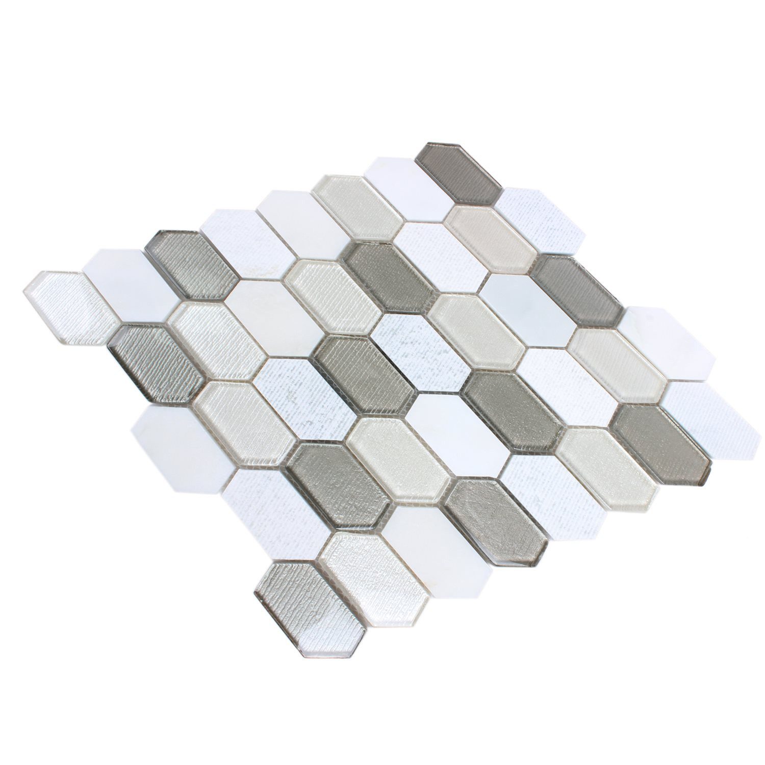 Mosafil Mosaikfliesen Mosaikfliesen Februata Hexagon Weiss Beige Grau, Naturstein-Glas 30.500x29.500, weiß-beige-grau, Verlegefertig auf ein Netz geklebt - Wasserfest