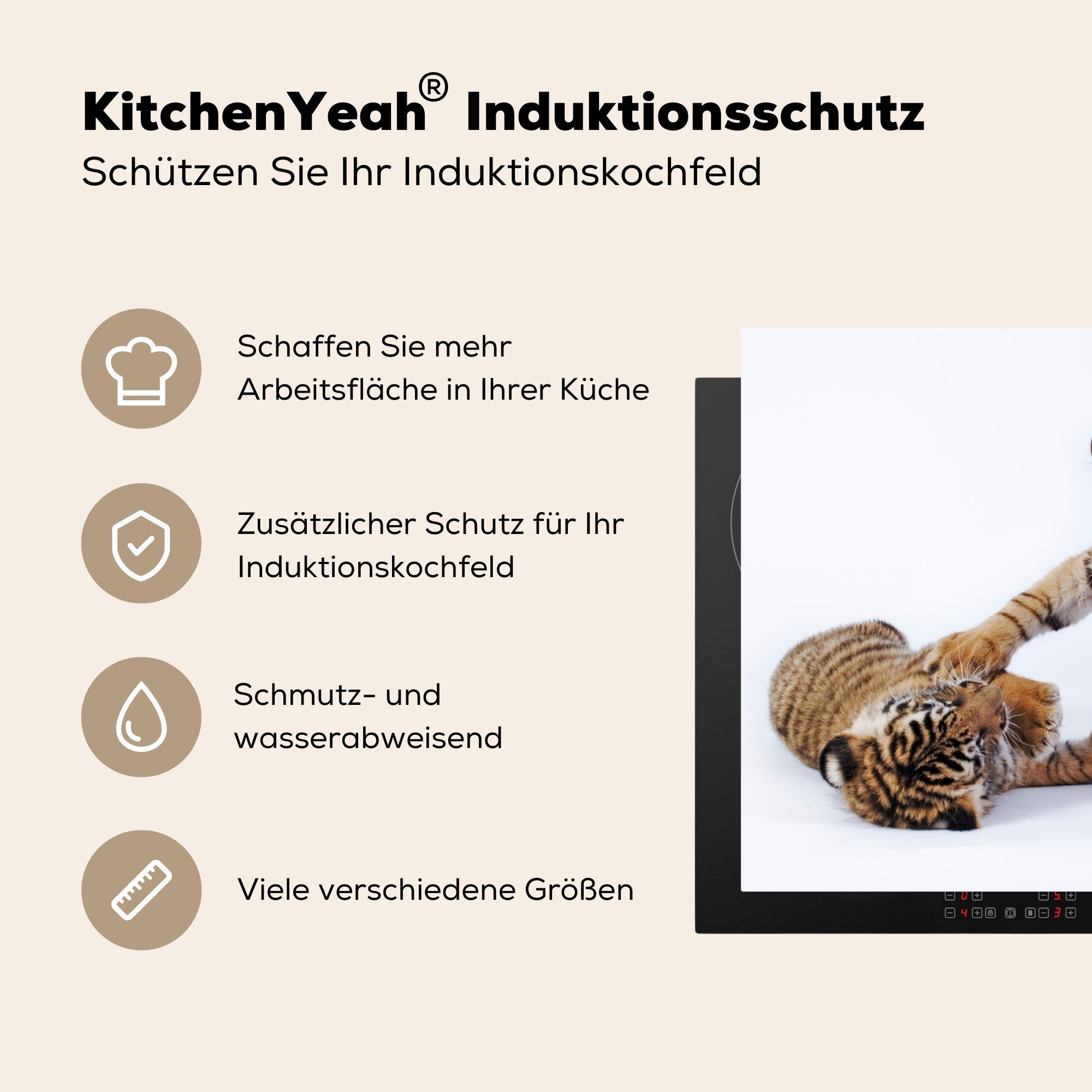 MuchoWow Herdblende-/Abdeckplatte Tiger - Jungtier tlg), die für Induktionsmatte - küche, Ceranfeldabdeckung (1 Vinyl, Weiß, 59x52 cm