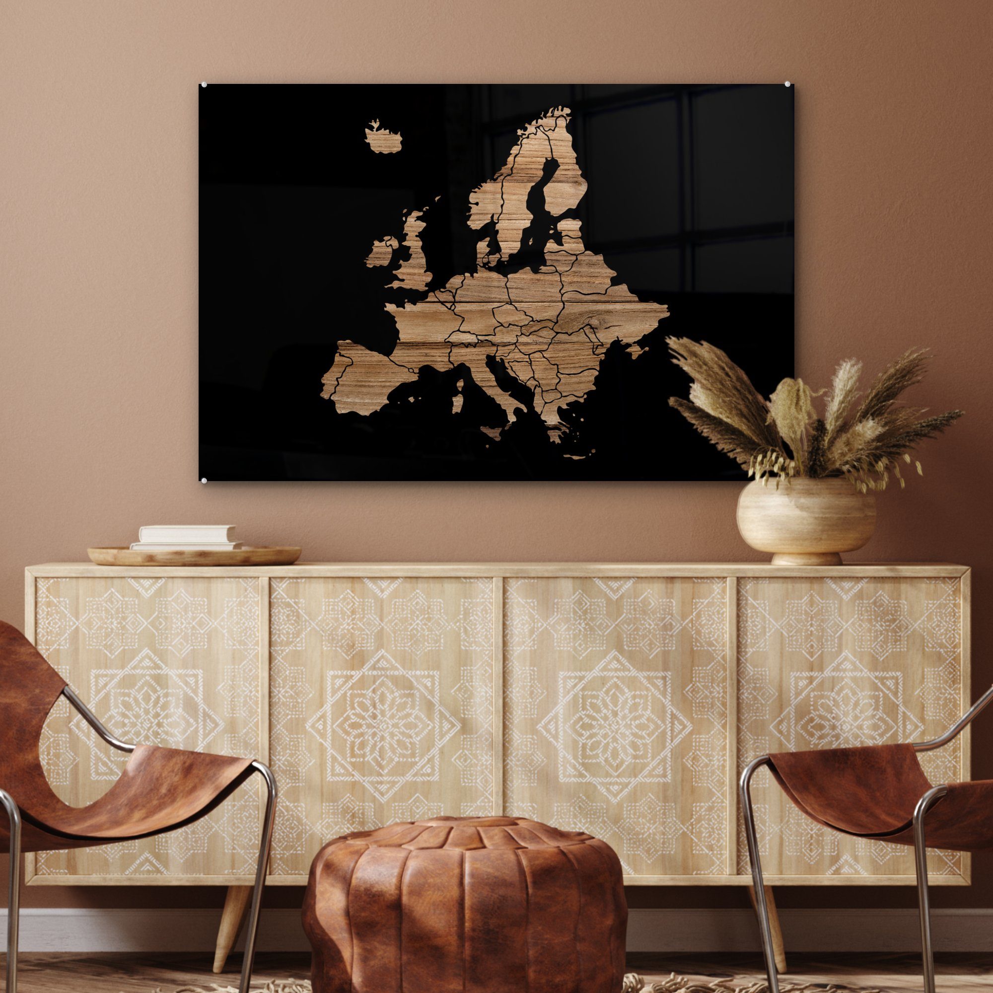 Europa Karte - Schwarz, MuchoWow Holz von & Acrylglasbilder St), - (1 Schlafzimmer Wohnzimmer Acrylglasbild