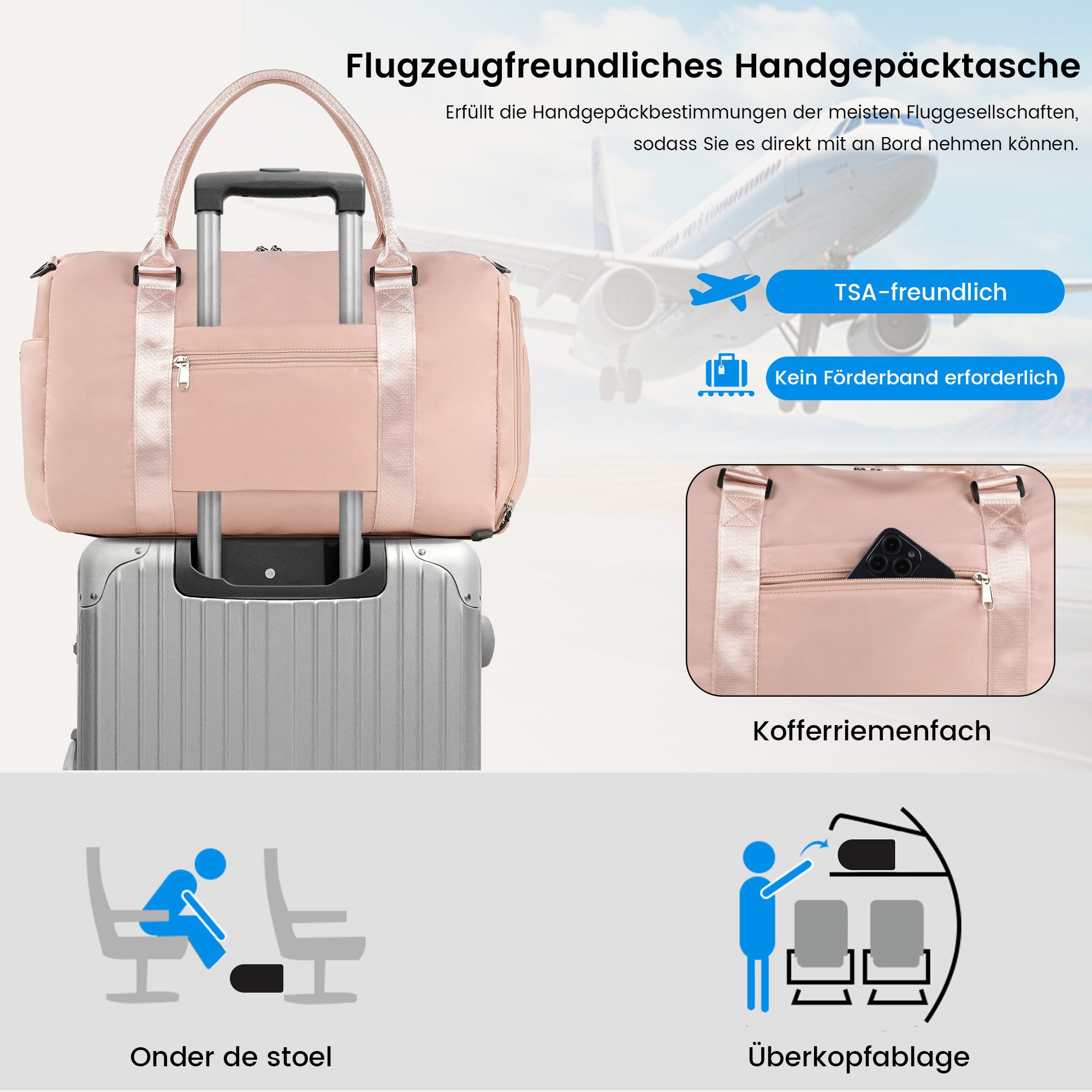 TANTOMI Reisetasche Reisetasche Damen Herren 44.5x20x28, Handgepäck Tasche Flugzeug, Sporttasche, Travel Bag mit Schuhfach und Kulturbeutel – Bild 5 von 5