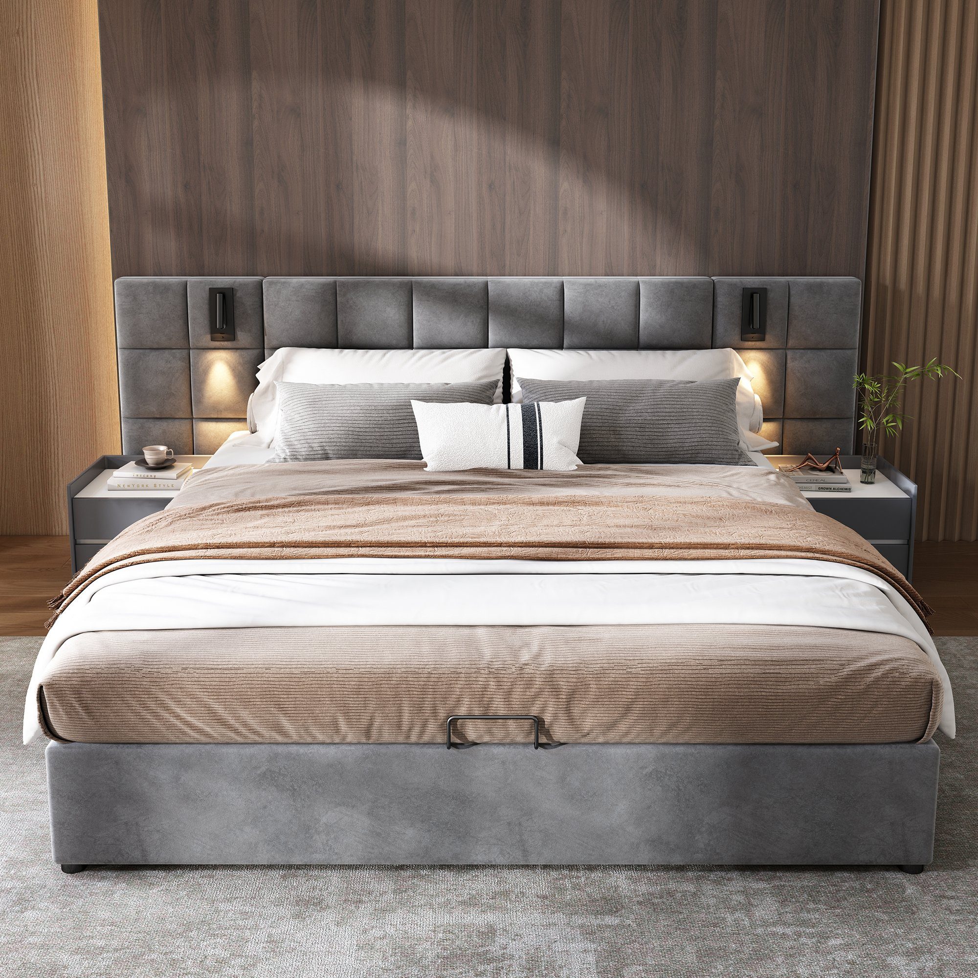 Flieks Polsterbett, Stauraumbett Leselicht & USB-Anschluss 160x200cm Samt ohne Nachttisch