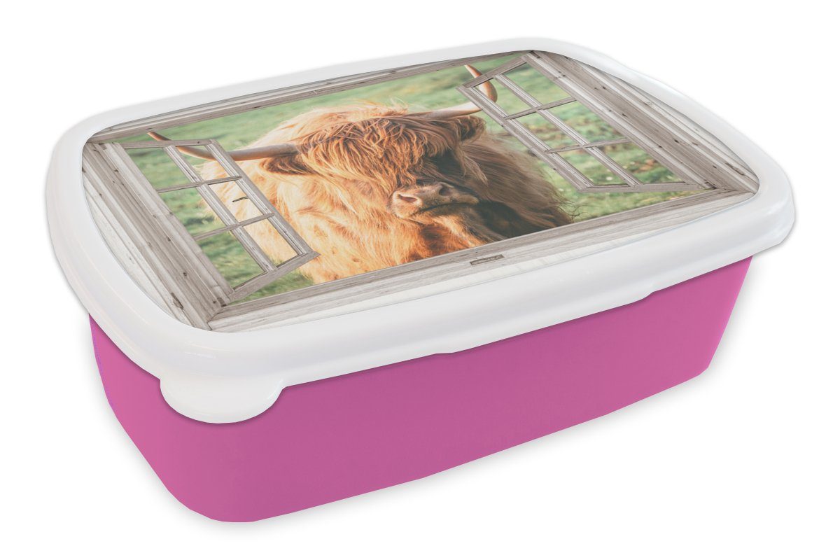 MuchoWow Lunchbox Schottischer Highlander - Brotbox rosa Snackbox, - Fenster Kunststoff Ansicht - Erwachsene, Brotdose Tier, Kunststoff, für Kinder, Mädchen, (2-tlg)