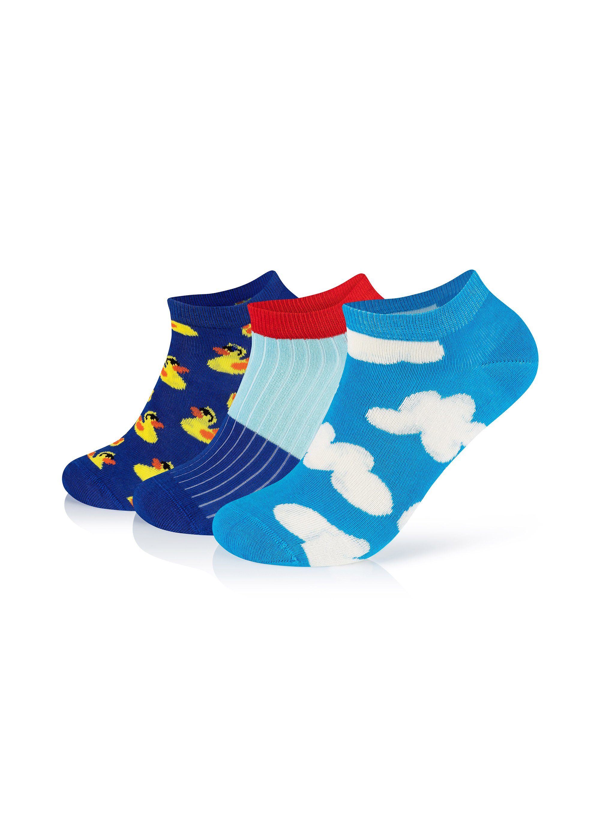 Happy Socks Sneakersocken 3-Pack Low Rubber Duck-Cloudy-Block Rib gekämmte Baumwolle
