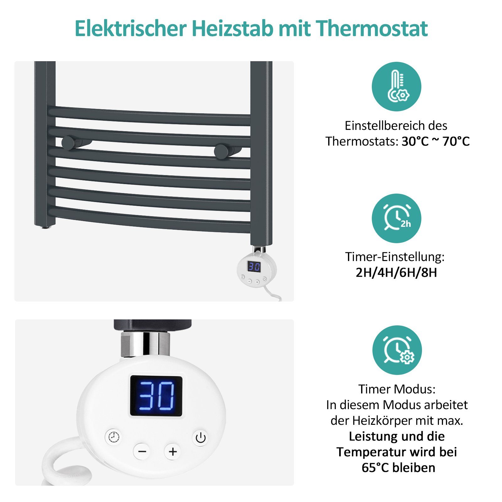 Gebogen mit Elektrisch Badheizkörper mit Thermostat, Heizstab,246-292W,Weiß/Anthrazit EMKE Badheizkörper Elektrischer Handtuchtrockner