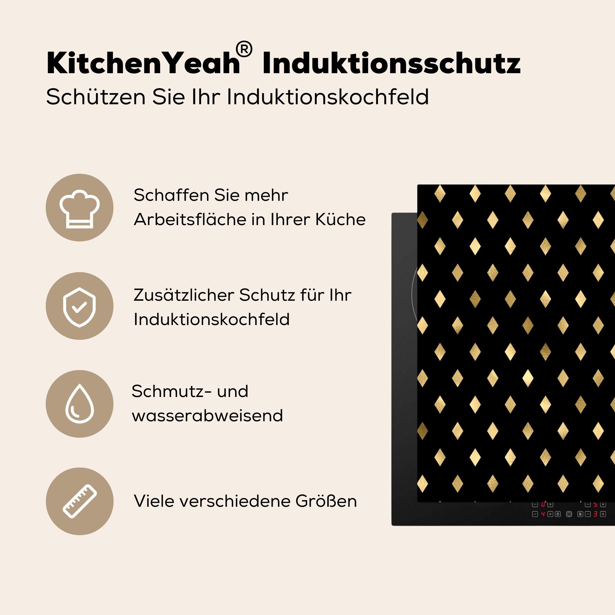 tlg), küche Vinyl, für cm, Muster - (1 Gold 78x78 Arbeitsplatte Kariert, - Ceranfeldabdeckung, Herdblende-/Abdeckplatte MuchoWow