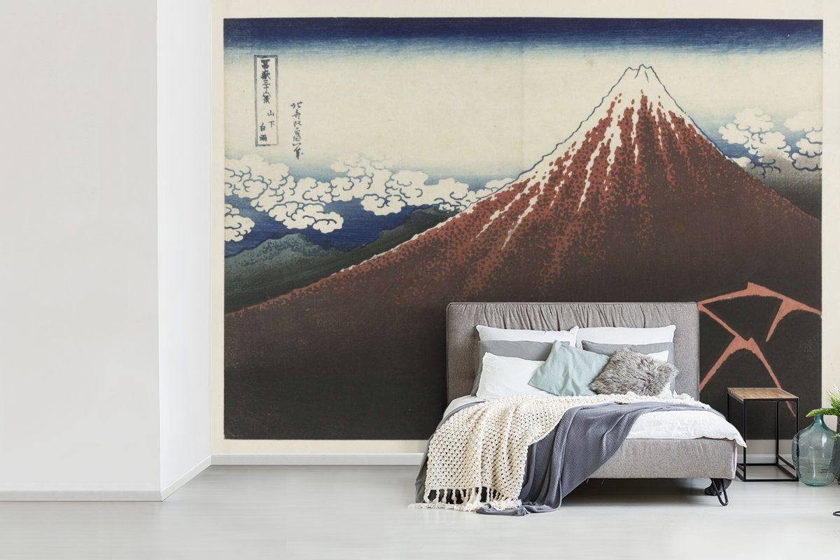 MuchoWow Fototapete Regensturm am Fuße Vinyl - Berges von Tapete Wohnzimmer, Wandtapete Fuji Gemälde Montagefertig für Katsushika Hokusai, Matt, St), (6 des bedruckt