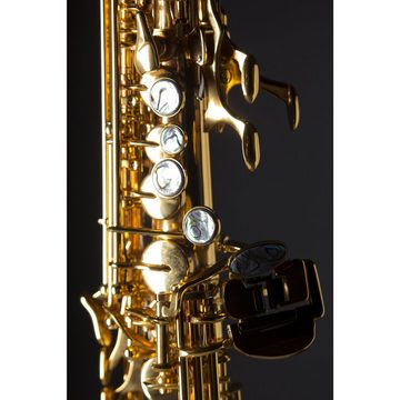 Monzani Saxophon, MZSS-333 Sopran Saxophon, Gerade Bauweise, Goldlack-Finish, Messing-Mechanik, Hoch-Fis und Hoch-G-Klappe, inklusive Mundstück und Leichtkoffer, Ideal für Jugendorchester und Zweitinstrument, MZSS-333 Sopran Saxophon, Goldlack-Finish, Messing-Mechanik