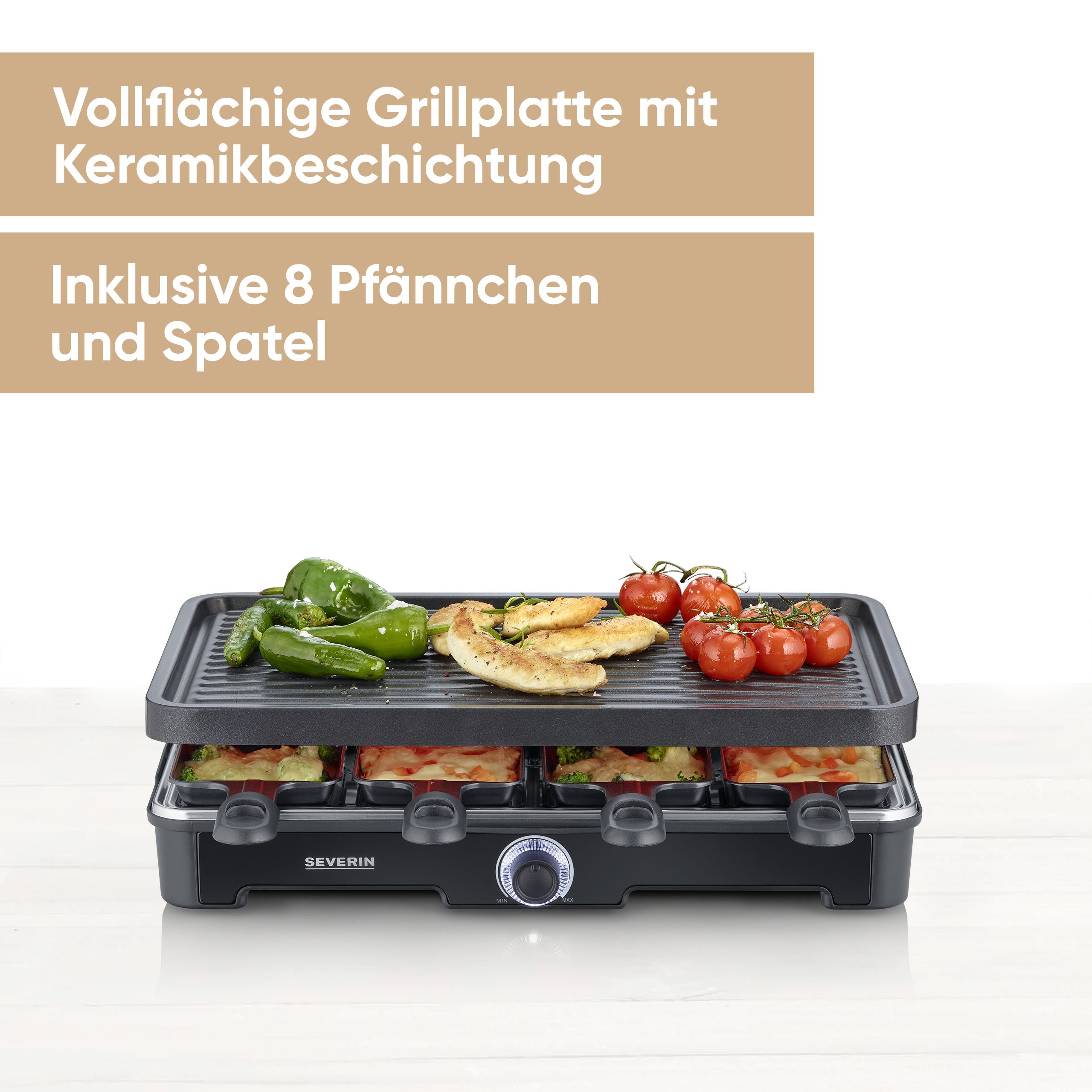 Severin Raclette RG 9670, 8 Raclettepfännchen, 1400 W, Keramik- & Antihaftbeschichtung, Tischgrill bis zu 8 Personen, 1400W