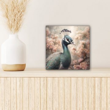 OneMillionCanvasses® Leinwandbild Pfau - Vögel - Blumen - Baum - Botanisch, (1 St), Leinwand Bilder für Wohnzimmer Schlafzimmer, 20x20 cm