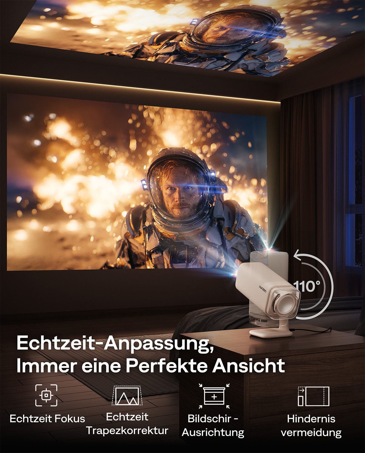Aurzen Boom Air Mini Projektor mit Google TV & NetfIix, 4K Unterstützt Beamer (300 lm, 4K Unterstützt Pixel px, Native 1080P, Dolby Audio, TOF Autofokus, USB-C, WLAN & Bluetooth)