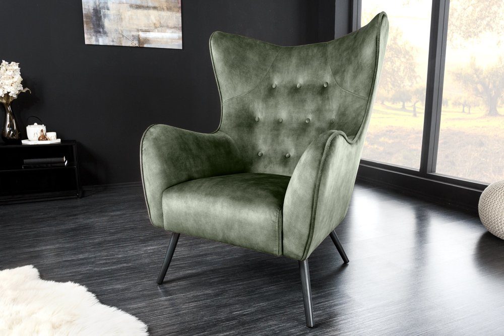 Relax · grün XL · grün · · Wohnzimmer grün | Schlafzimmer Metall Samt AMSTERDAM (Einzelartikel, Design schwarz riess-ambiente / · Ohrensessel · Retro 1-St),