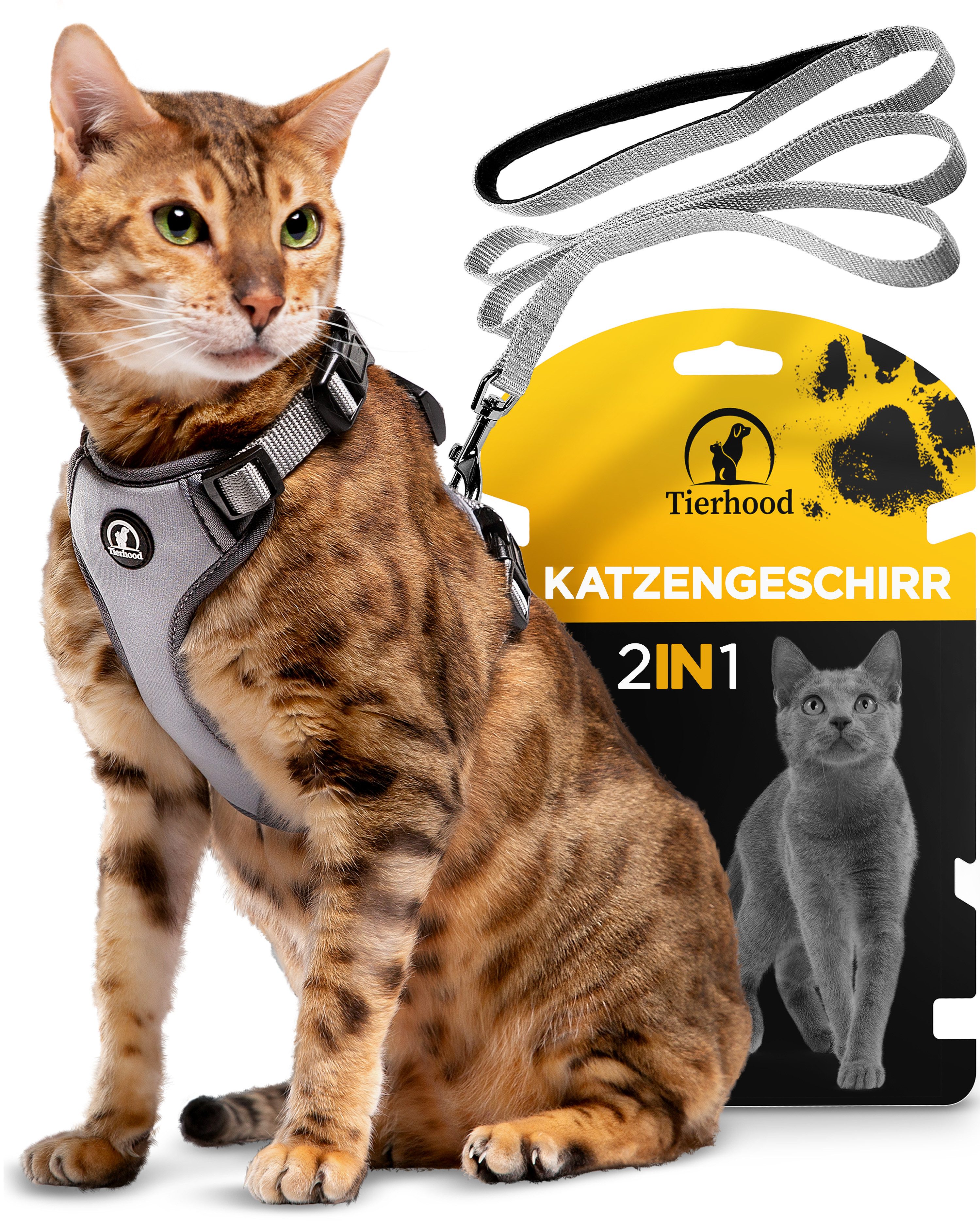 Tierhood Geschirr Katzengeschirr mit Halsklipp - inkl. 1.4m Katzenleine, M