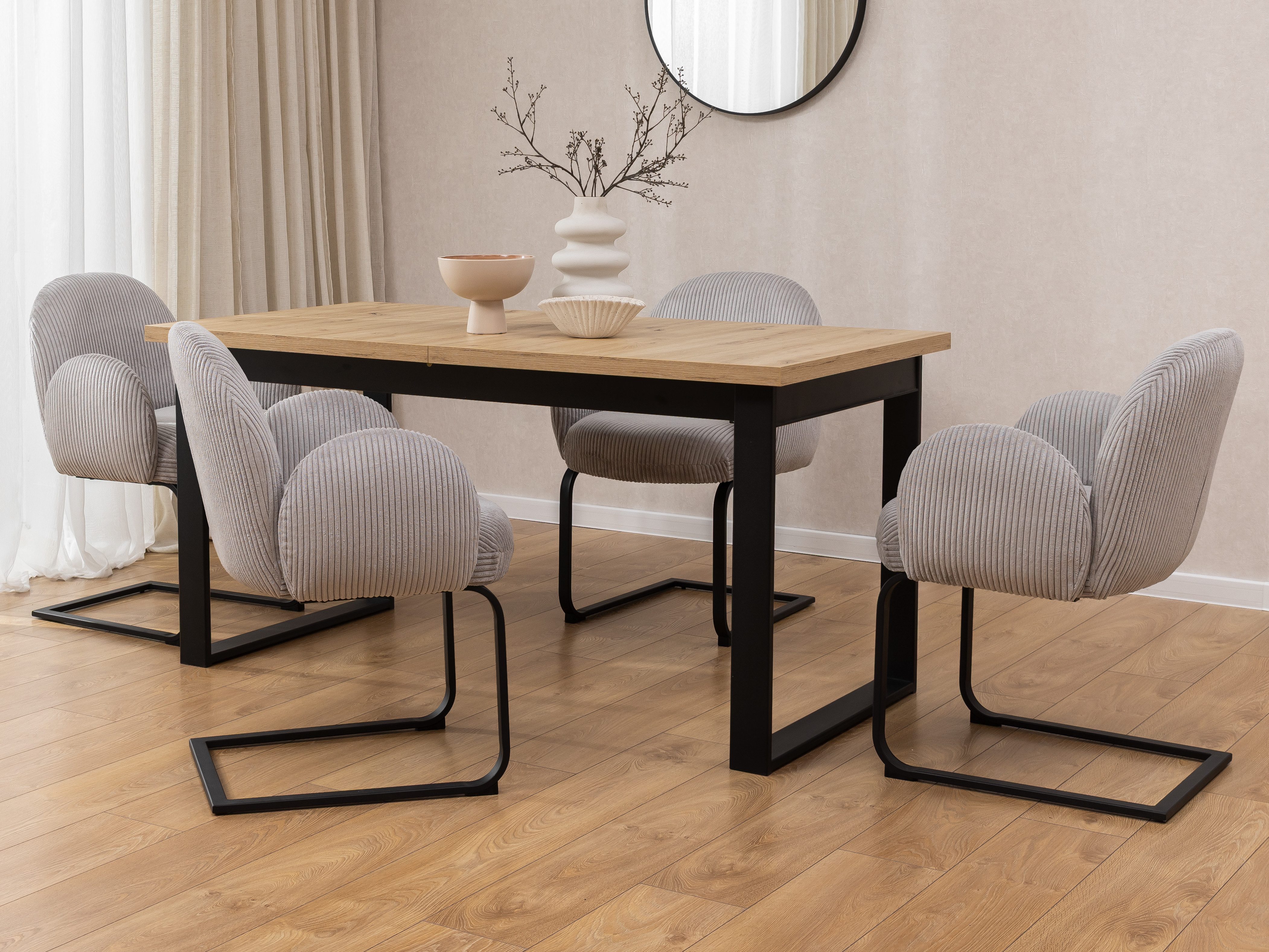 S-Style Möbel Polsterstuhl 2er Set Vela im Japandi Stil aus grauem Cord schwarzes Metallgestell