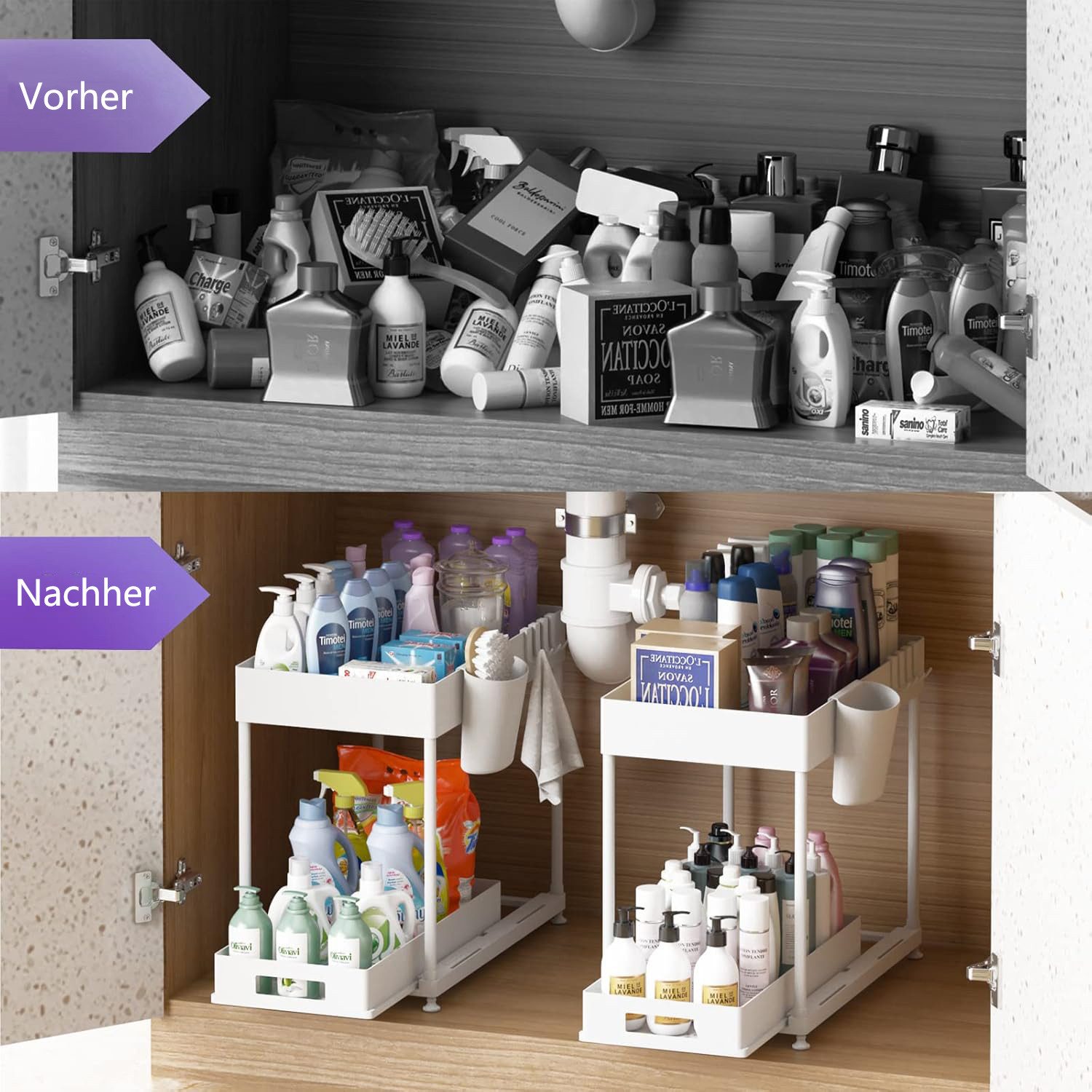 Refined Living Ablageregal Waschbecken Regal, Küchenschrank Organizer, Spülschrankregal Organizer, Lagerregal mit 2 Ebenen, mit Schiebeschublade, 4 Haken und 1 TassenSpülschrank Organizer, 2-tlg., Unter Waschbecken Regal,Arbeitsplatte Regal mit Schiebeschublad