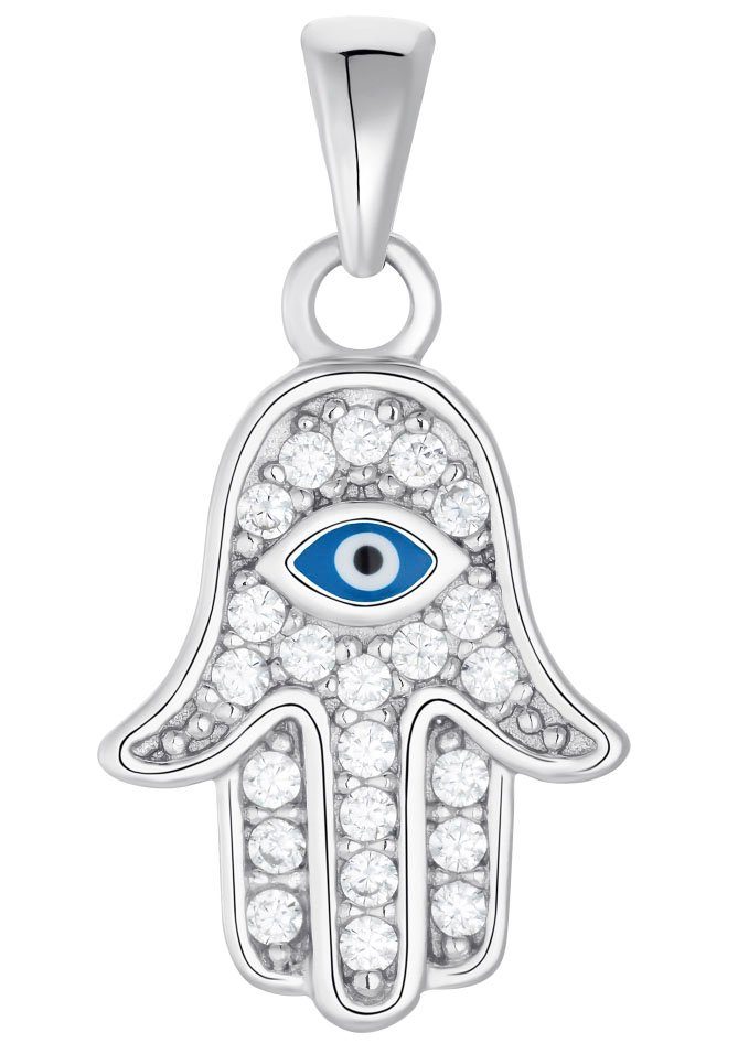 Amor Kettenanhänger Hamza Hand-Motiv mit Evil Eye Böser Blick magisches Auge, mit Zirkonia (synth) - mit Emaille