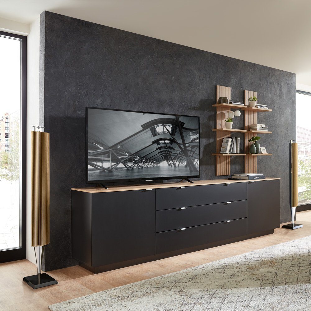 Lomadox Wohnwand CUST-36, (3-St., 3-tlg), Set mit 2 Wandboards schwarz mit Eiche 240 cm Fernsehschrank | Wohnwände