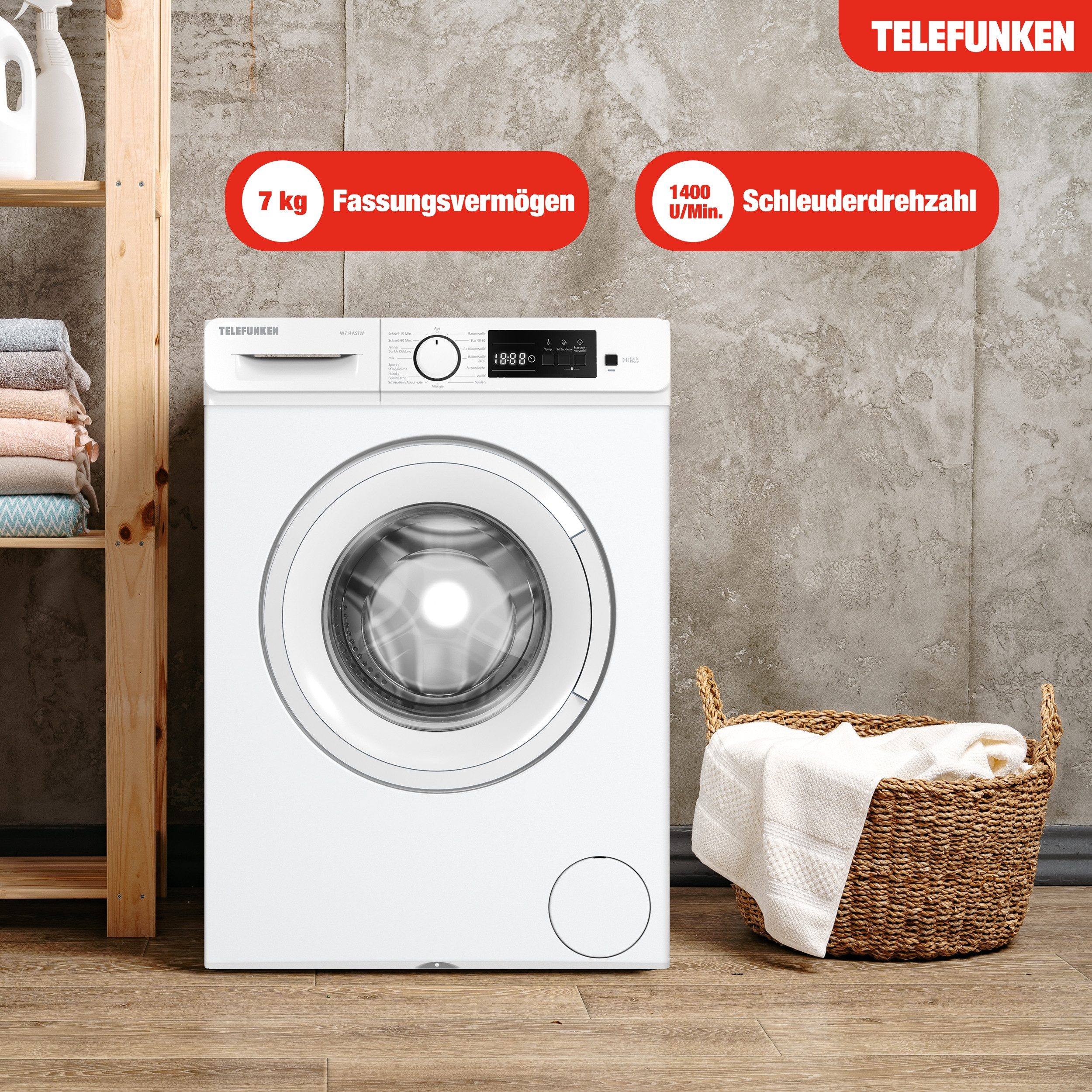 Telefunken Waschmaschine W714AS1W, 7 kg, 1400 U/min, Frontlader, Inverter Motor, AquaStop, 7kg, Leise & Effizient, weiß
